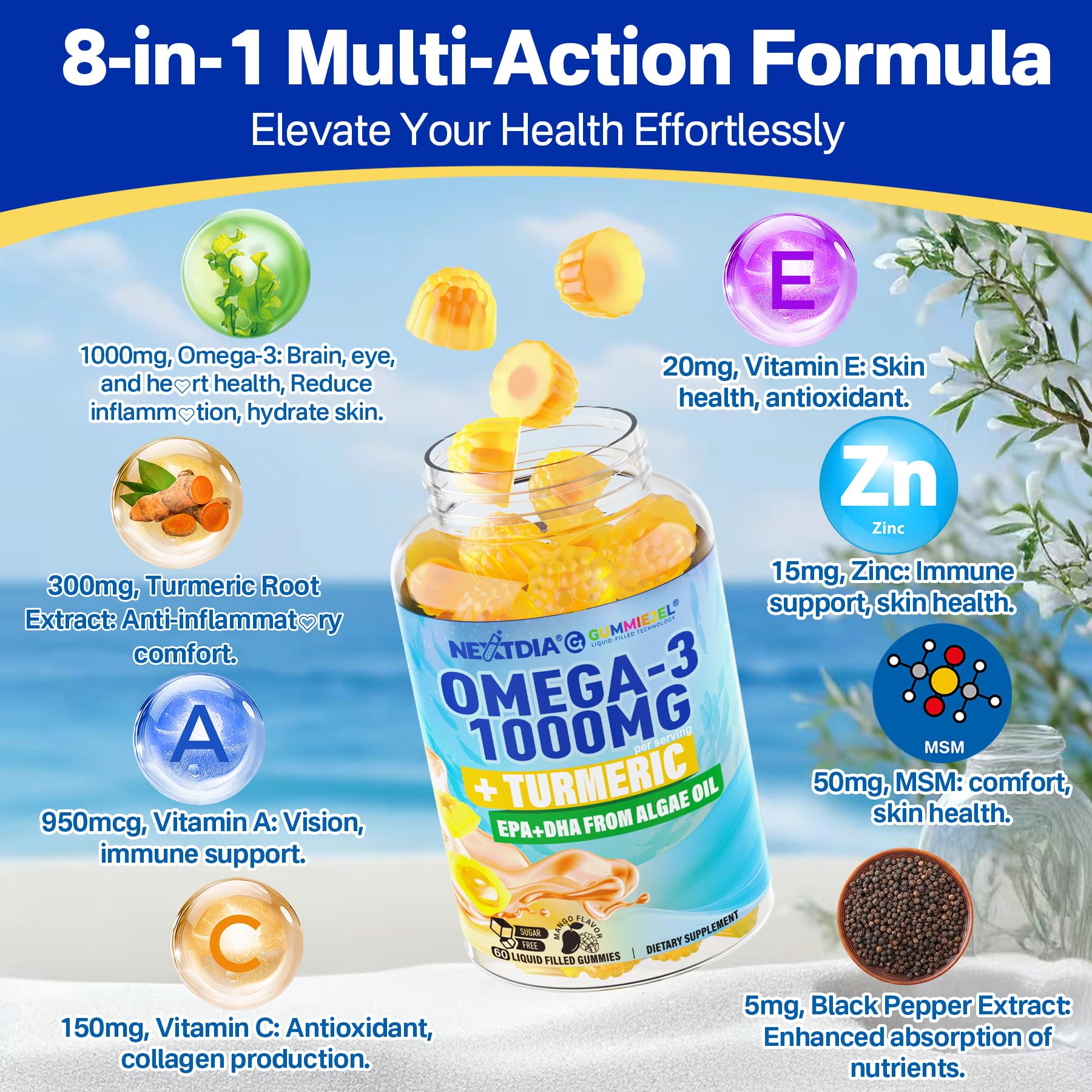 Vegan Omega-3 Gummies 1000mg + Turmeric - Omega 3 Fish Oil Alternative for Adults - Algae DHA 600mg & EPA 300mg, Vitamins A, C, E, Zinc & MSM, Sugar Free, 60 Cts - Medaid International
