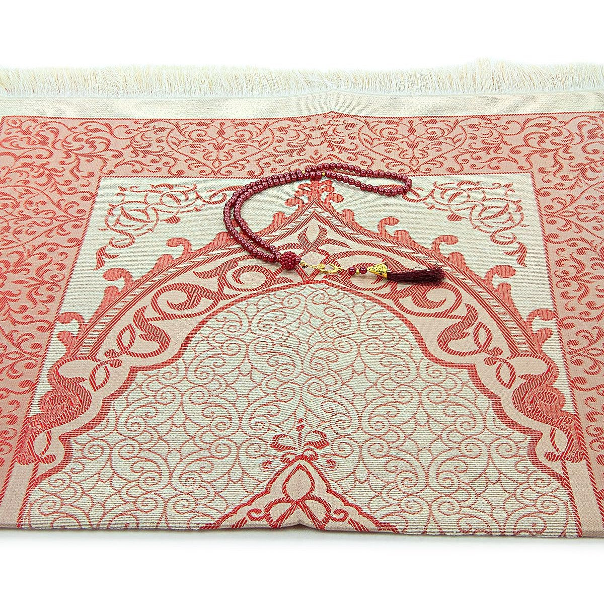 ihvan online Muslim Prayer Rug and Beads with Portable Elegant Fabric Bag, Janamaz, Sajadah, Soft Islamic Prayers Rug, Islamic Gifts for Eid Ramadan, Travel Prayer Carpet Mat, Taffeta Fabric, Burgundy - Medaid International