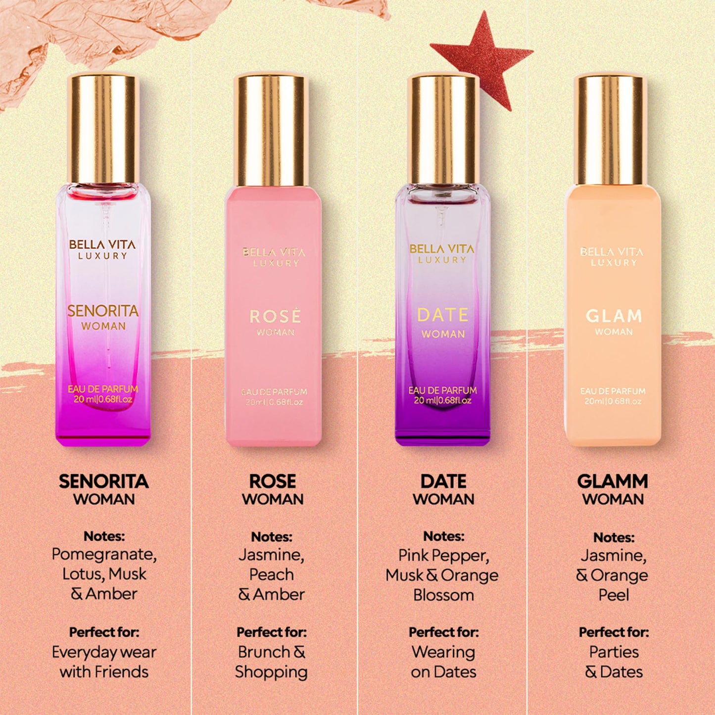 BellaVita Luxury Women's Perfume Gift Set (4x20ml) | Notes of Floral, Sweet, Spicey Red Fruit, Vanilla & Musk | DATE, SENORITA, GLAM & ROSE | French Parfum Collection Gift Set - Medaid International