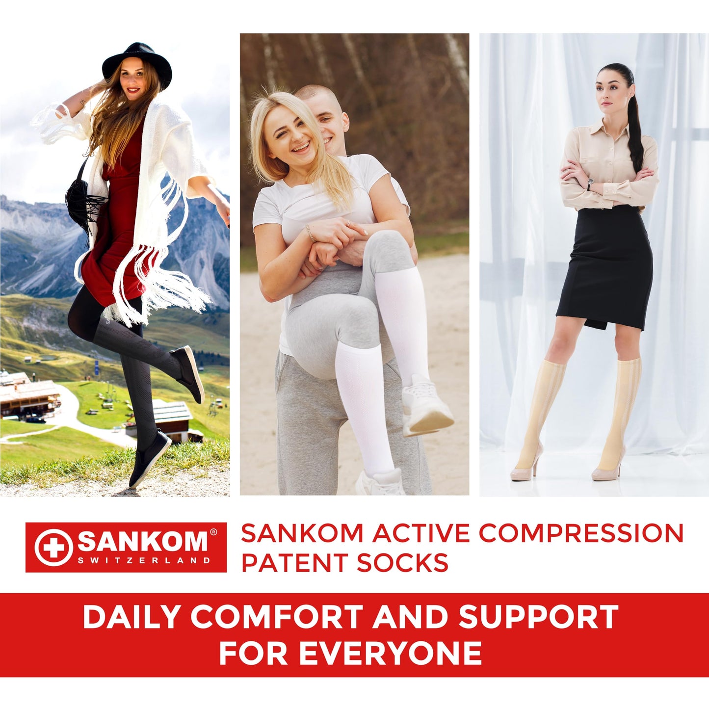 SANKOM Compression Socks for Women - Swiss Designed Patented 4-Step Active Graduated Compression Socks for Travel and Flight - Suitable Socks for Pregnant Women & Nurses - Best for Everyday Wear (Black, S/M) - Medaid International
