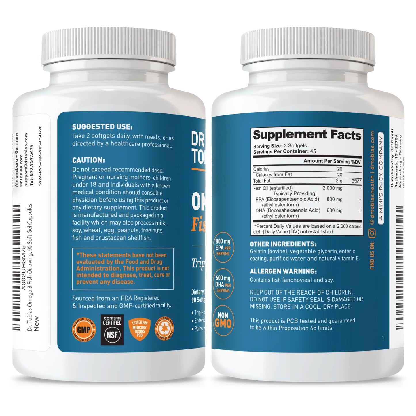 Dr. Tobias Omega 3 Fish Oil, 2000mg Triple Strength with 800mg EPA 600mg DHA Per Serving, Fish Oil Omega 3 Supplements for Heart, Brain & Immune Support, 90 Softgels, 45 Servings - Medaid International