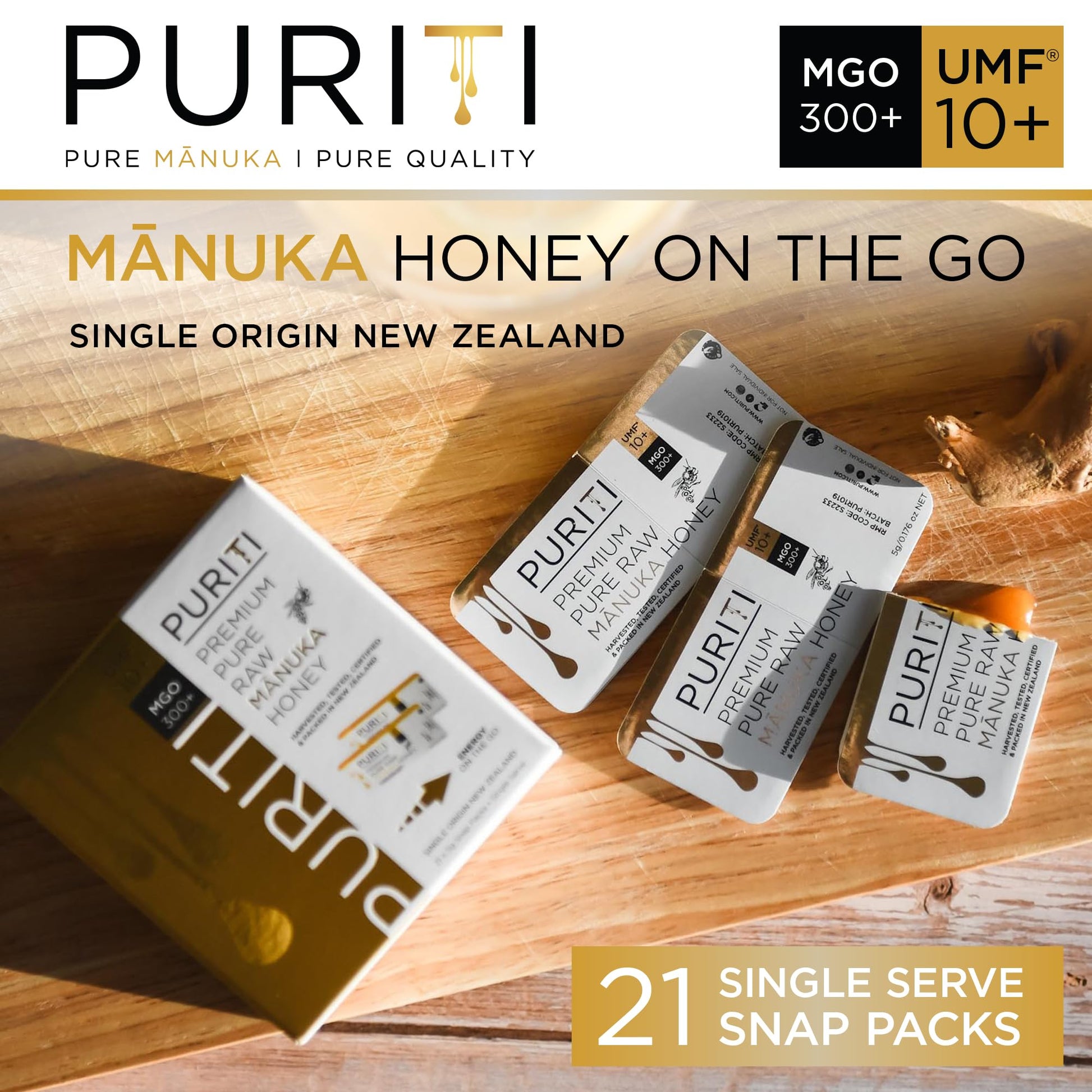 PURITI Genuine Raw Manuka Honey Snaps On The Go - UMF 10+ (MGO300+) 21 x 0.18oz Individual Snap Packets, Single Serve Honey Sticks for Tea, Travel & Snacks, Certified, Authentic Made in New Zealand - Medaid International