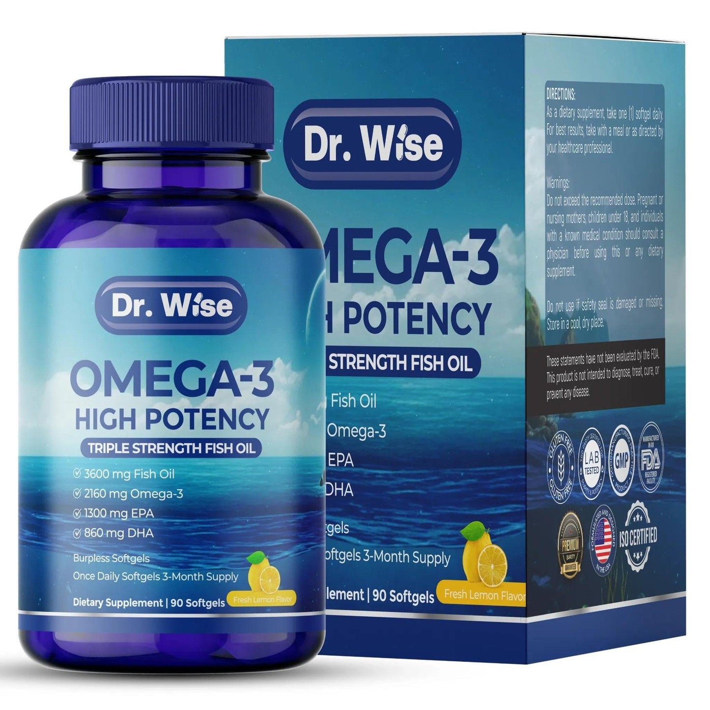 Triple Strength Omega 3 Fish Oil 3600mg – 1300mg EPA & 860mg DHA- Once Daily – Burpless Lemon Flavor, – Supports Heart, Brain, Joint & Eye Health – Wild Caught, Non-GMO, 90 Softgels, 3-Month Supply - Medaid International