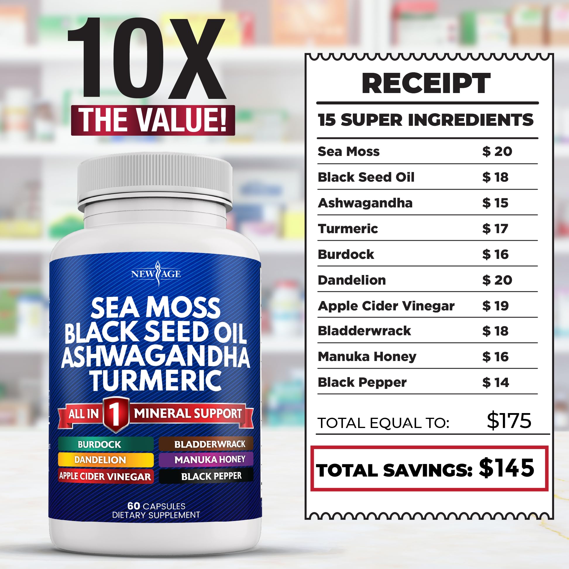 NEW AGE Sea Moss Capsules, Black Seed Oil Ashwagandha Turmeric Bladderwrack Burdock - with Manuka, Honey Dandelion, ACV Black Pepper Gluten Free - Medaid International
