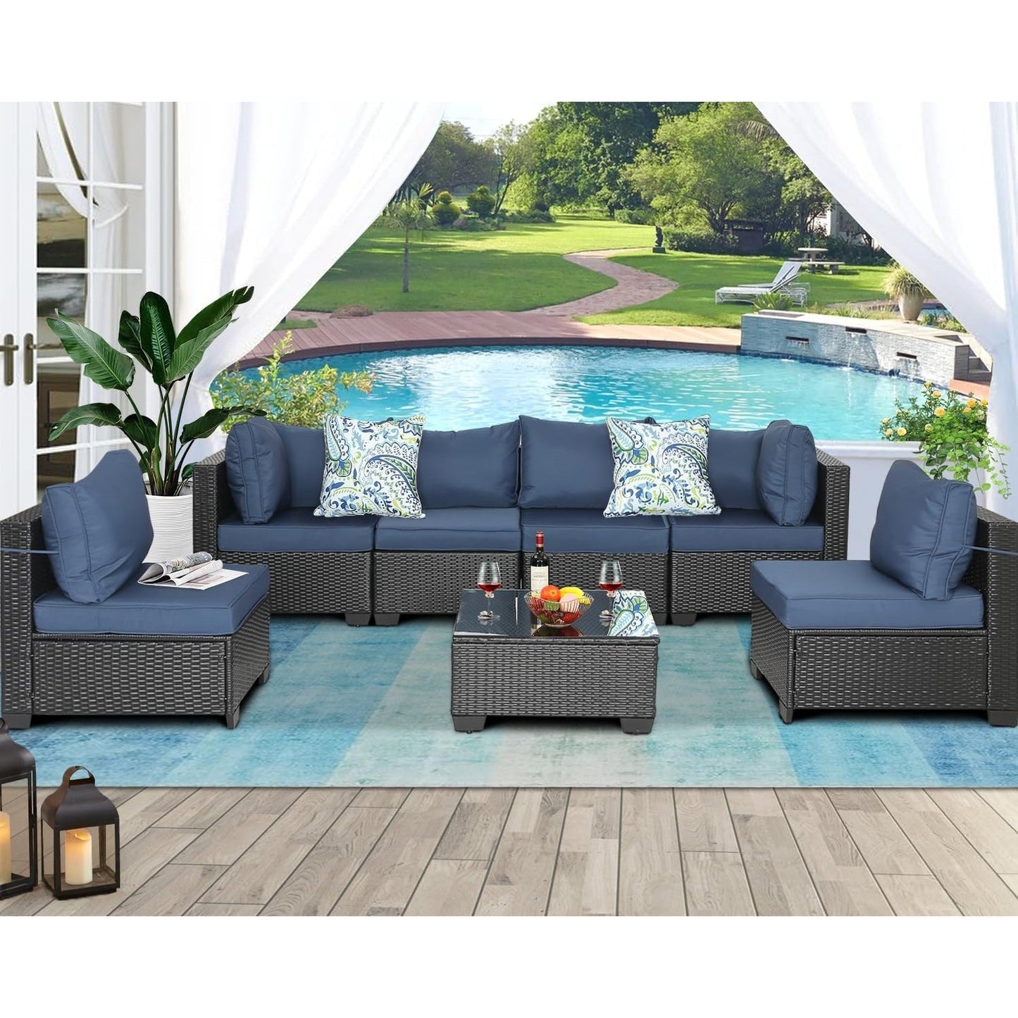 Patio Furniture Sets Outdoor Sectional PE Rattan Outdoor Furniture Patio Conversation Set with Cushions for Balcony Lawn and Garden (Expresso/Navy Blue, 7 pcs w/Table) - Medaid International
