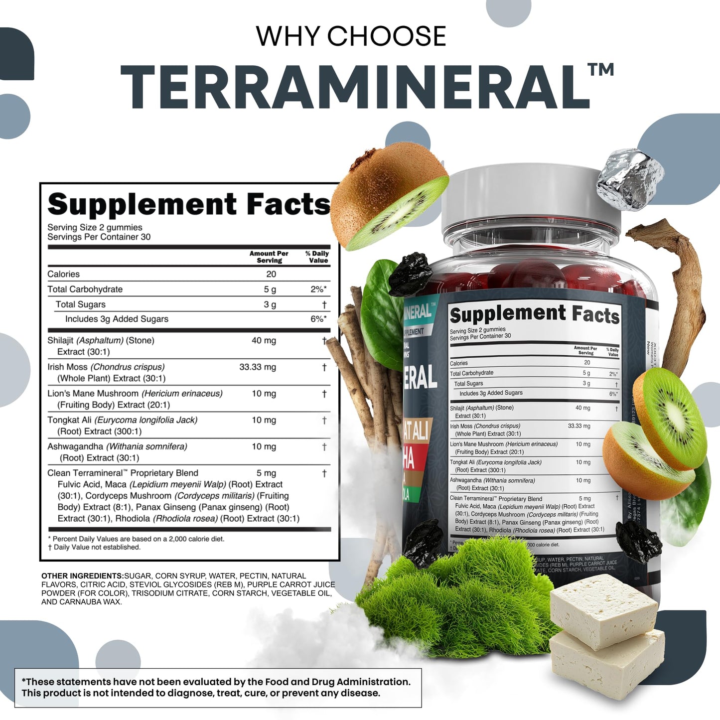 Terramineral Shilajit Gummies with Irish Sea Moss Tongkat Ali Ashwagandha Lion's Mane MACA Panax Ginseng Rhodiola & Cordyceps by Clean Nutra (1) - Medaid International