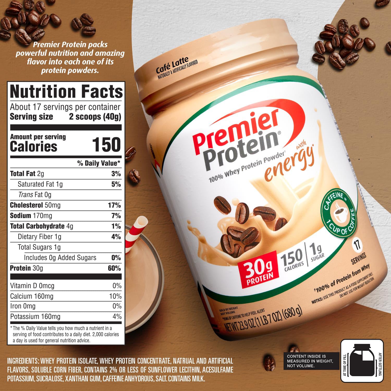 Premier Protein Powder, Café Latte, 30g Protein, 1g Sugar, 100% Whey Protein, Keto Friendly, Gluten Free, No Soy, 95mg Caffeine for Energy, 23.9 oz (17 Servings) - Medaid International