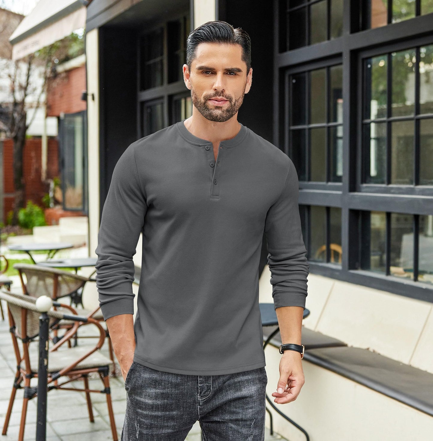 COOFANDY Men's Casual Henley Shirts Long Sleeve Fashion Basic Pullover Shirt Lightweight Button T-Shirts Fall Tops Dark Grey - Medaid International