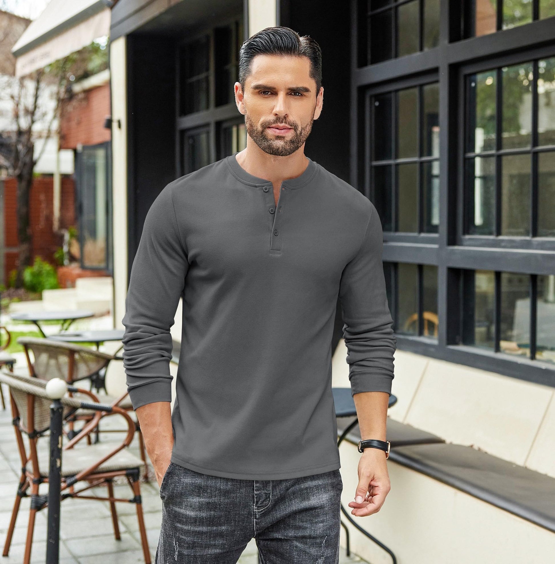 COOFANDY Men's Casual Henley Shirts Long Sleeve Fashion Basic Pullover Shirt Lightweight Button T-Shirts Fall Tops Dark Grey - Medaid International