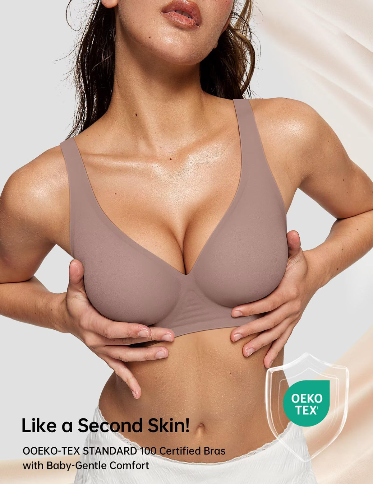 TERRIFI Women‘s Wireless Push Up Seamless Bra, V Neck Plunge Bralette, Soft Comfortable Tshirt Bra for Daily Wear (Grey Size M)