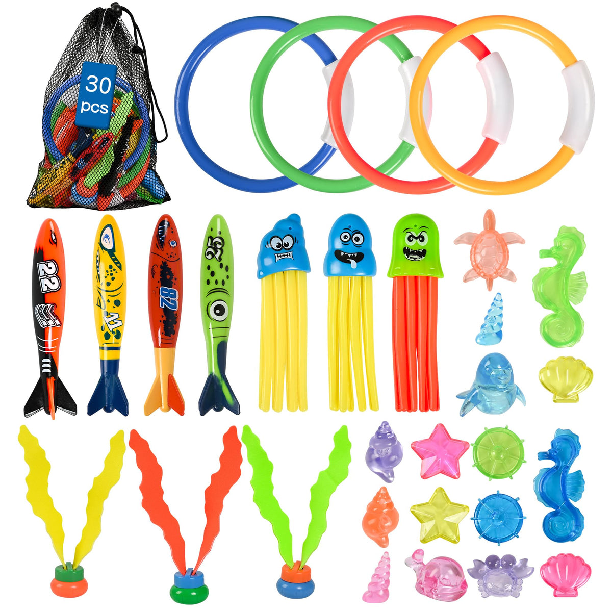24 Pcs Diving Pool Toys for Kids, Mermaid Dive Toys Set with Underwater Fish, Dive Rings, Torpedo Bandits, Sinking Sea Animals with Storage Mesh Bag, Summer Pool Party Swimming Training Toys