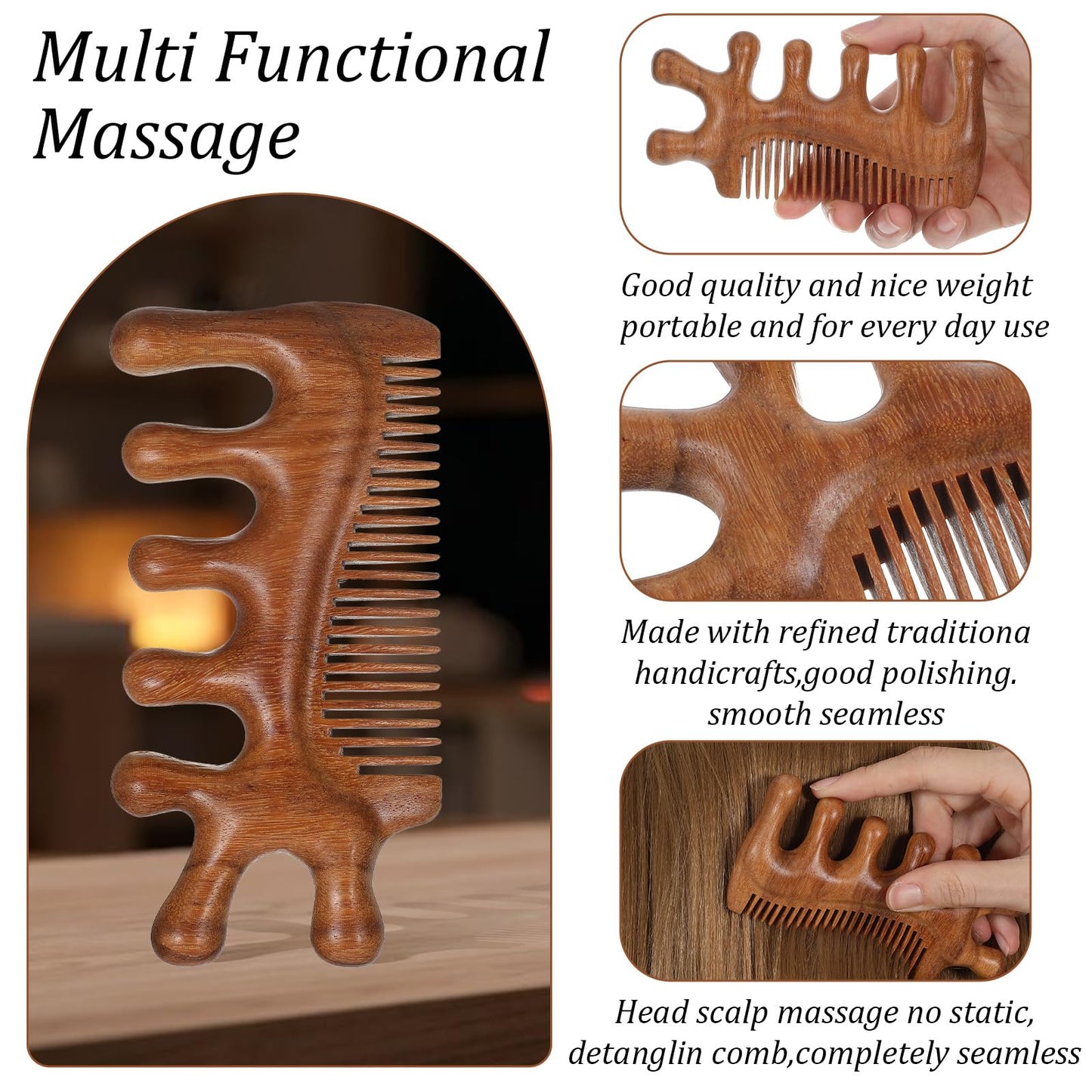 Wooden Scalp Massager, Gua Sha Comb, Massage Comb for Hair, Face, Eye, Neck and Body, Scalp Massage Tool for Stress Relief, Wide Fine Tooth Combs Gift for Women - Medaid International