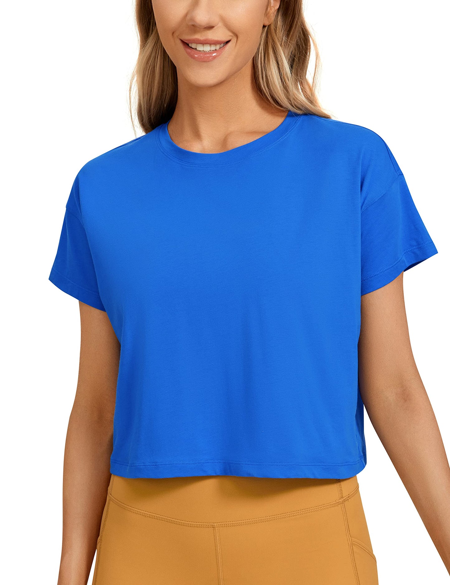 CRZ YOGA Women's Pima Cotton Workout Short Sleeve Shirts Loose Athletic Crop Tops Gym Casual Cropped T-Shirt Strong Blue Medium - Medaid International