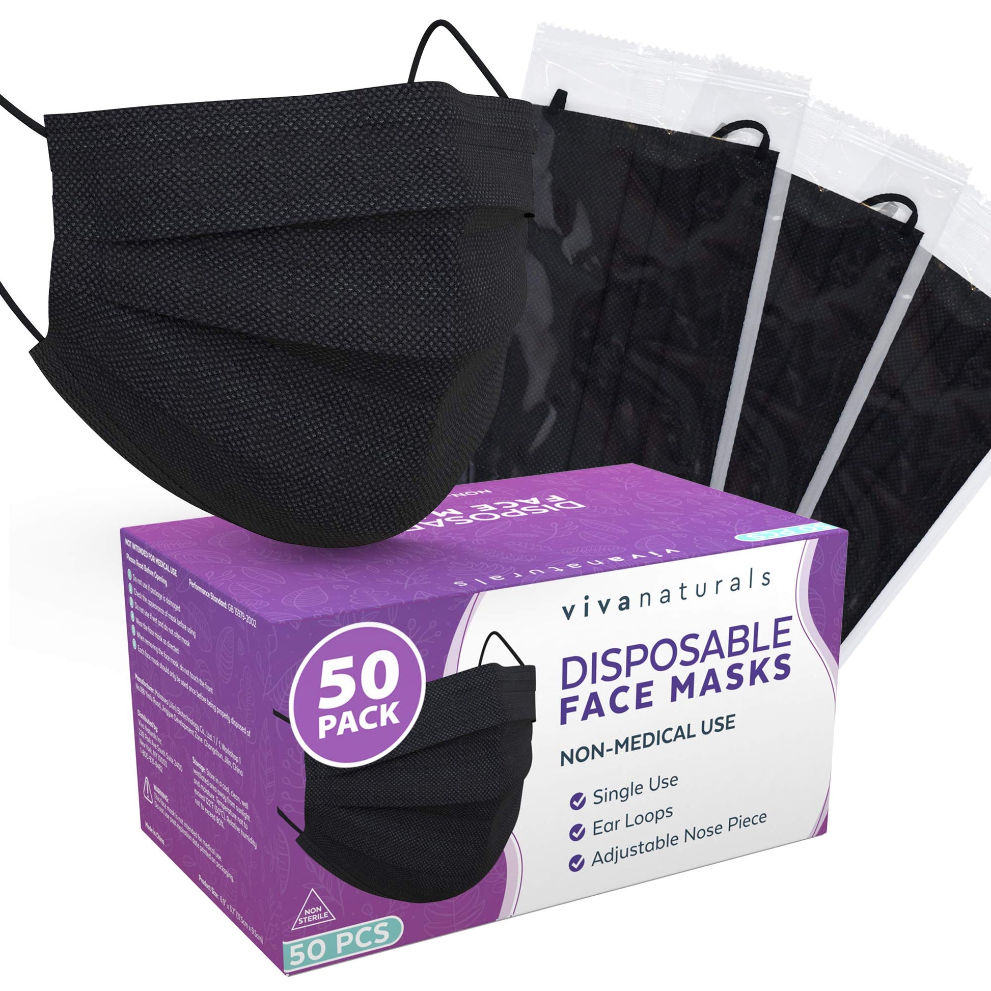 Non-Medical Adult Face Mask (50 Individually Wrapped Masks) - 4-Ply Non-Medical Black Disposable Face Masks, Premium Design With Comfortable Earloops & Adjustable Metal Nose Strip - Medaid International