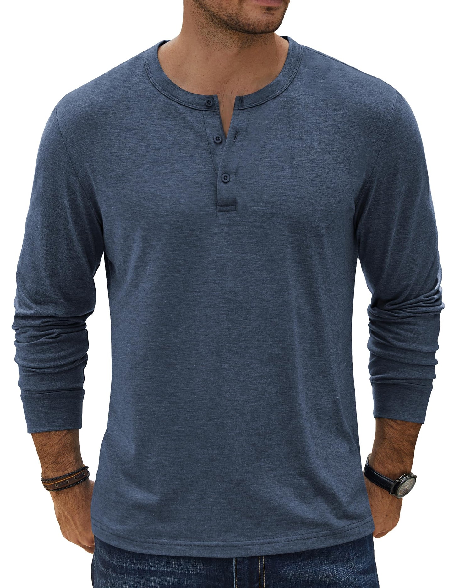 COOFANDY Men's Henley T-Shirt Long Sleeve Casual Slim Fit Stretch Tees Soft Henley Shirts Lightweight Fall Henley Pullover Tshirt Navy Blue - Medaid International