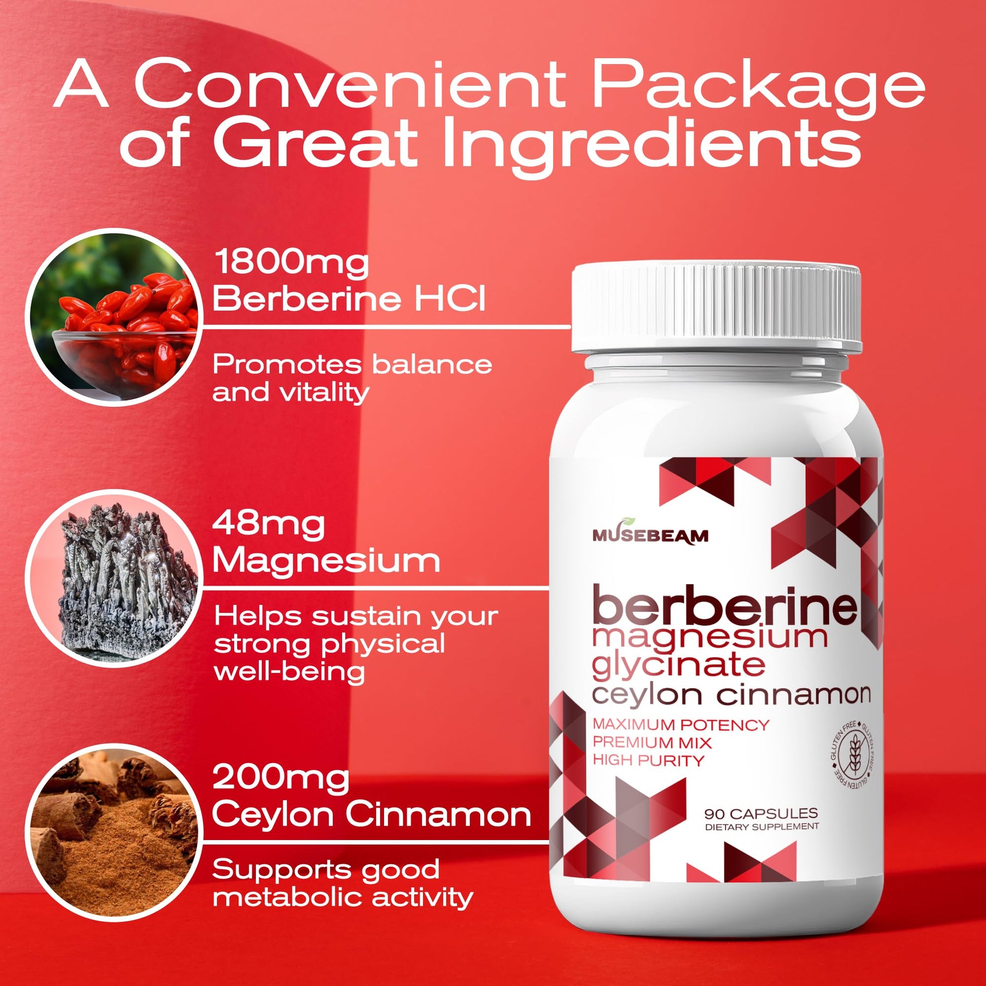 MuseBeam Berberine HCL Magnesium Glycinate Supplement - 1800mg High Purity Capsules with Ceylon Cinnamon - Vegan Friendly Non-GMO Gluten-Free Sugar Free Pill for Men Women - Medaid International