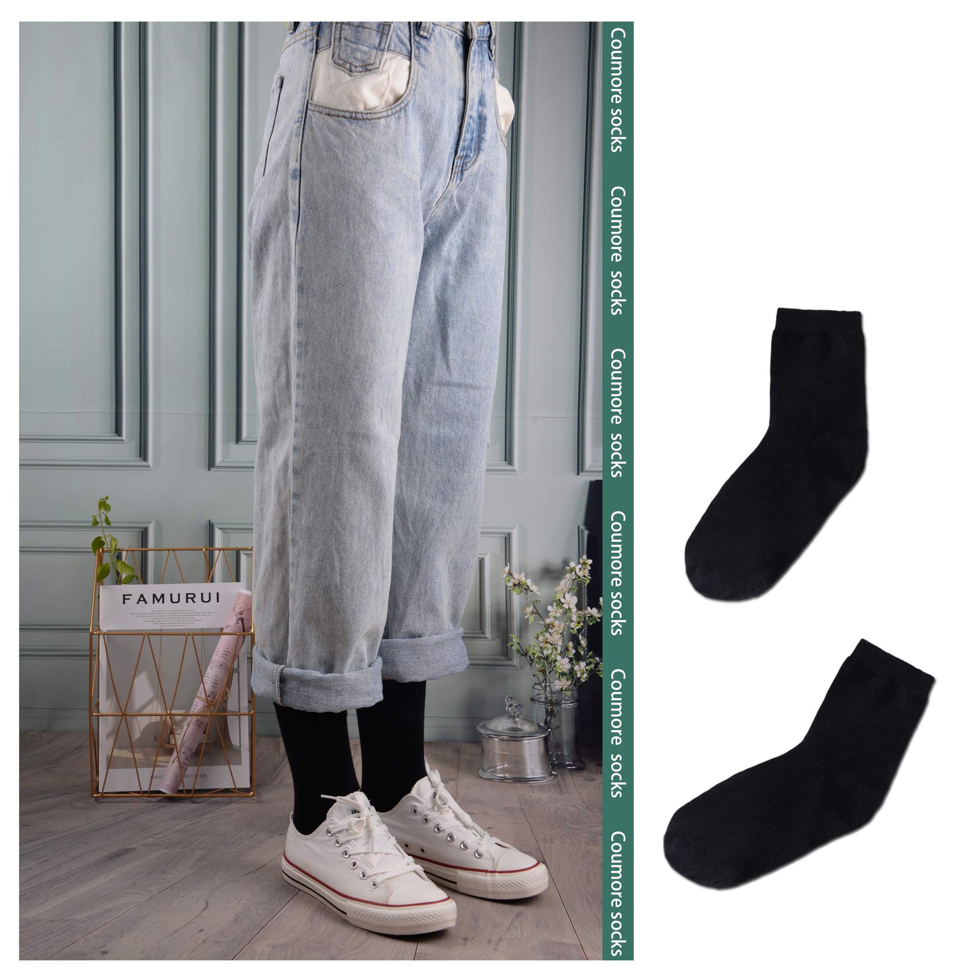 Coumore Women's Black Cotton Crew Socks High Ankle Summer Long Dress Work Casual Ladies Thin Socks for Women,US Size 5-9-11,6 Pack - Medaid International