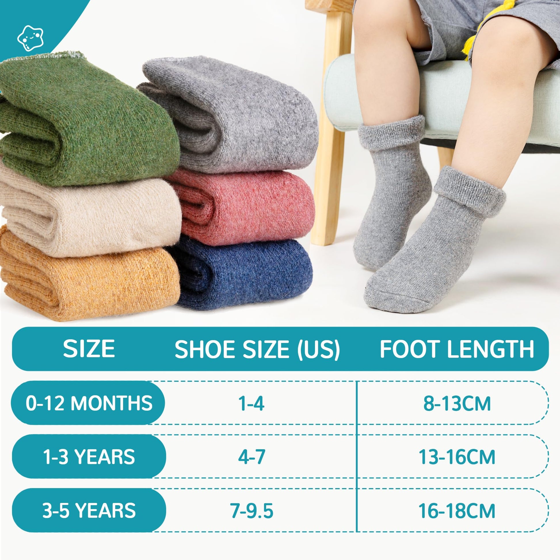 Eocom 6 Pairs Baby Boy Girl Non Slip Socks Child Toddler Winter Thick Soft Wool Kids Warm Socks with Grips (Solid Color B, 3-5T) - Medaid International