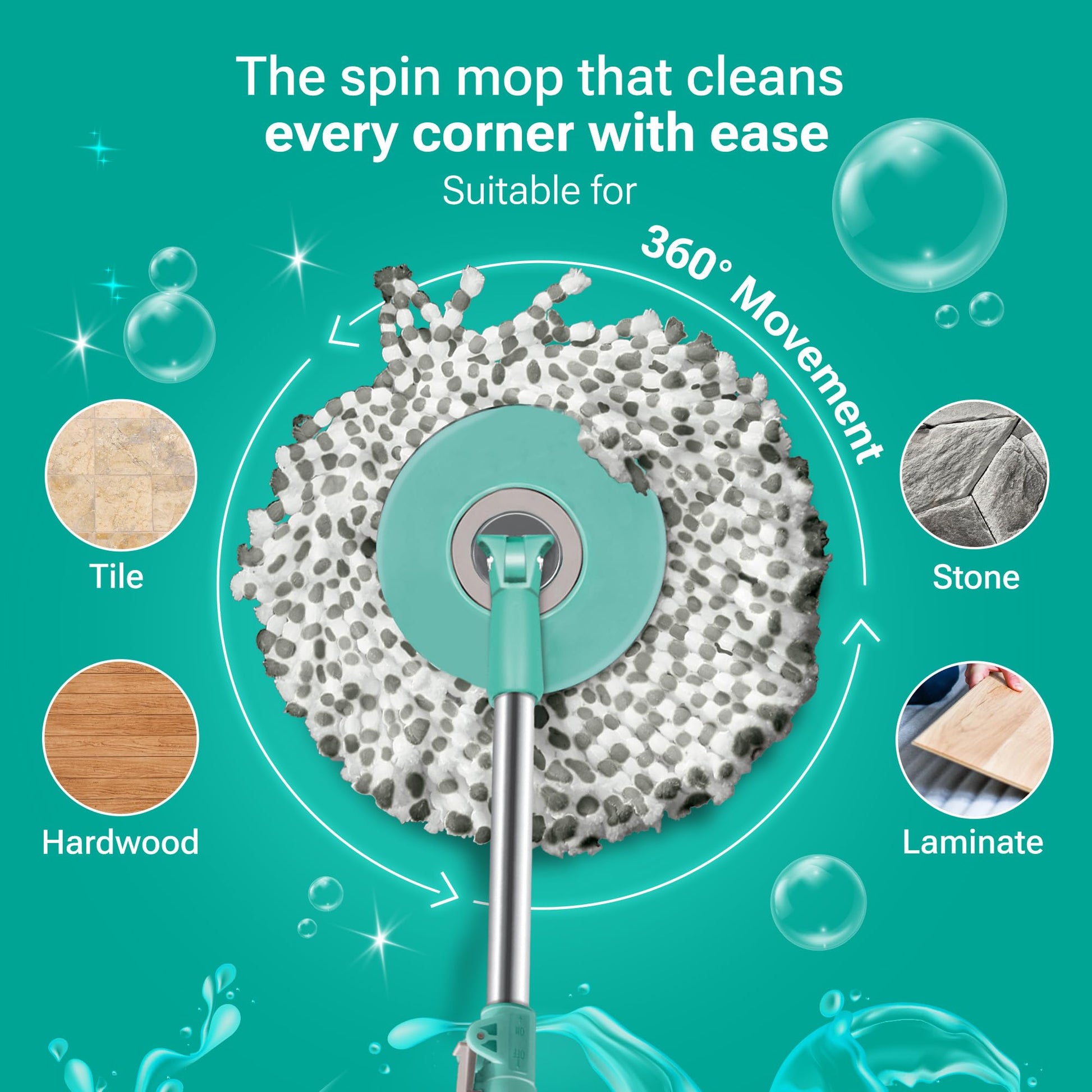 Spotzero by Milton Spin mop and Bucket with Wringer, Extendable Handle 360 Spin mops for Floor Cleaning, 1 Microfiber Refills, Aqua Green, Ace Spin Mop - Medaid International