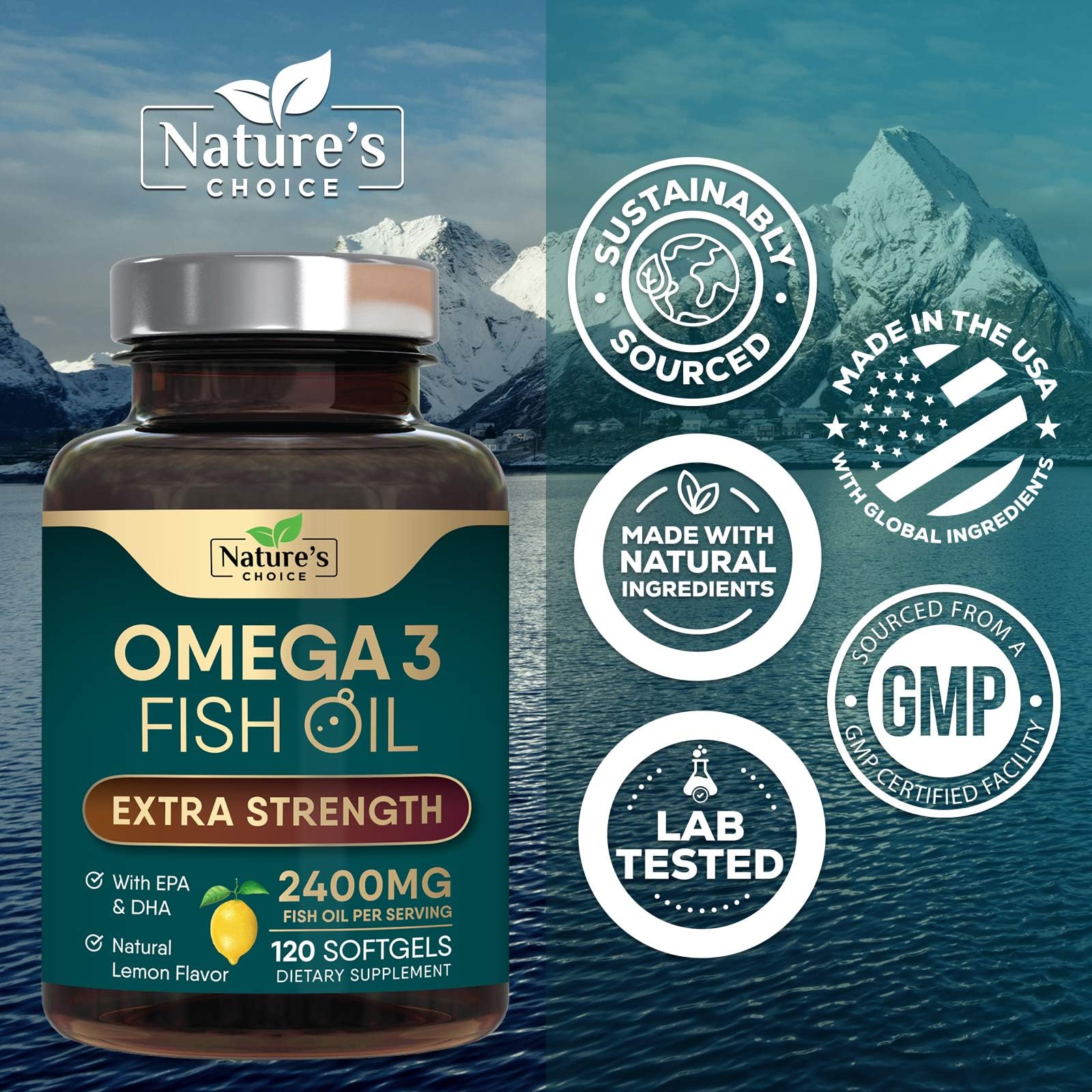 Omega 3 Fish Oil Supplement 2400 mg - Triple Strength EPA & DHA Fish Oil Omega 3, Essential Fatty Acids Supplement Softgels, Brain & Heart Health Support Supplements, Gluten Free Non-GMO, 120 Softgels - Medaid International