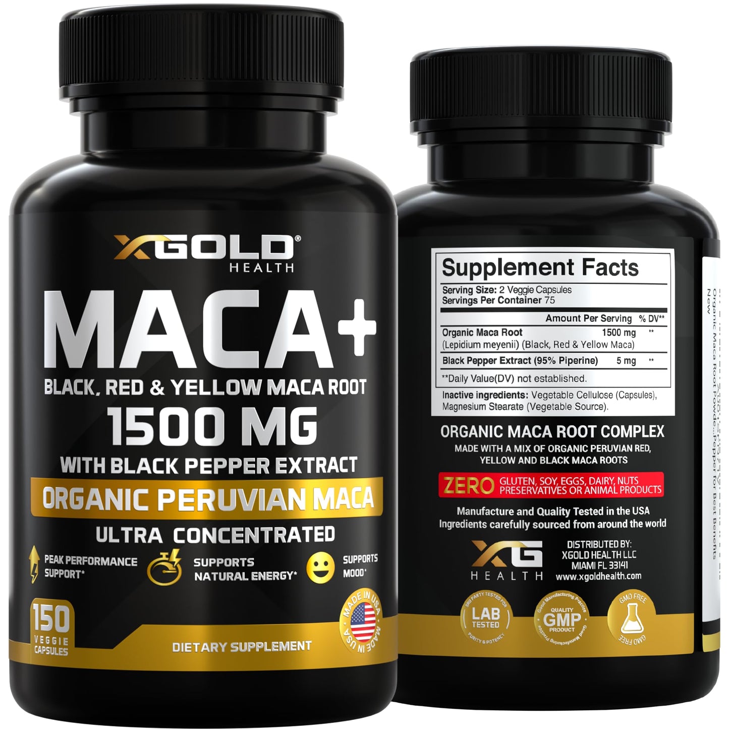 X Gold Health Organic Maca Root Powder Capsules 1500mg with Black | Red & Yellow Peruvian Maca Root Extract Gelatinized, Energy & Mood Supplement for Men & Women + Black Pepper for Best Benefits - Medaid International