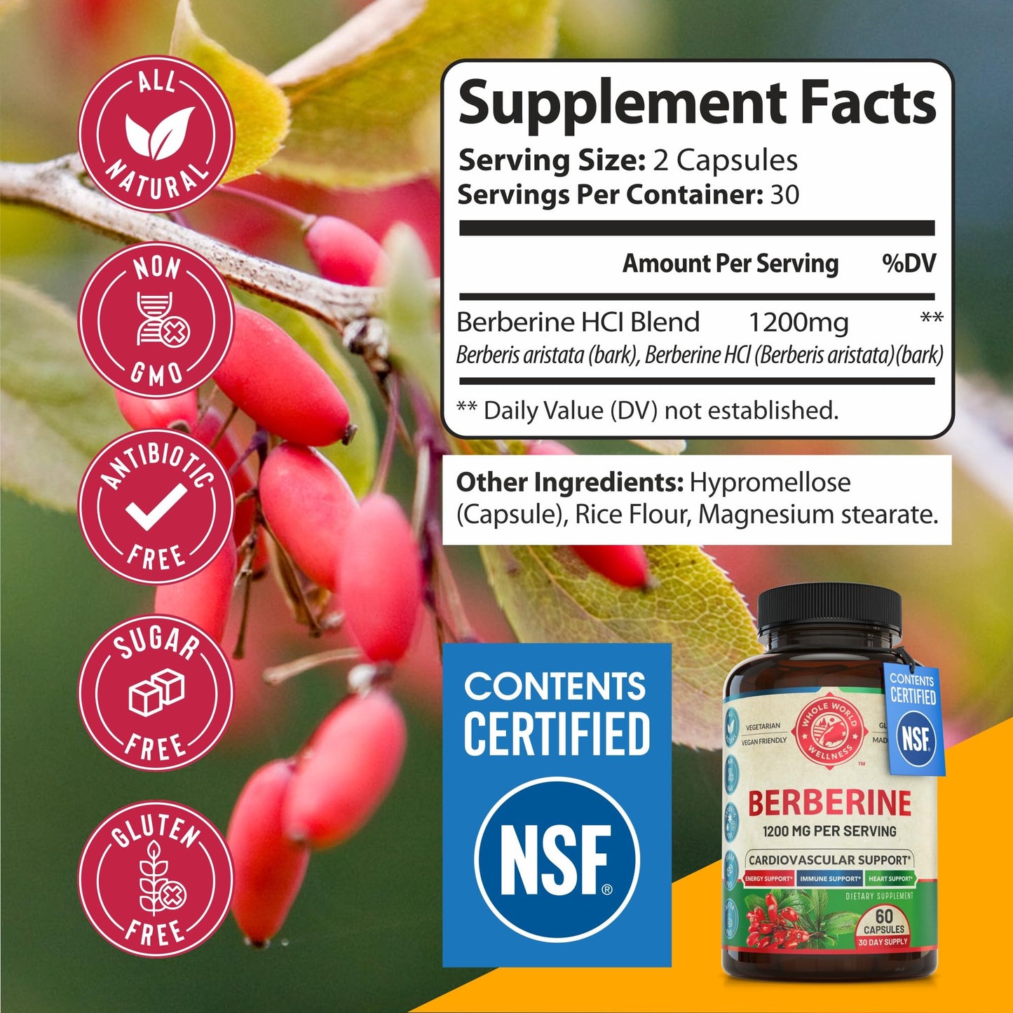 1200mg Berberine Herbal Health Capsules Support Heart and Cardiovascular Health, Help Maintain Healthy Cholesterol, Triglyceride, Blood Sugar Levels, Supports Digestion, Boosts Metabolism, 60 Capsules - Medaid International