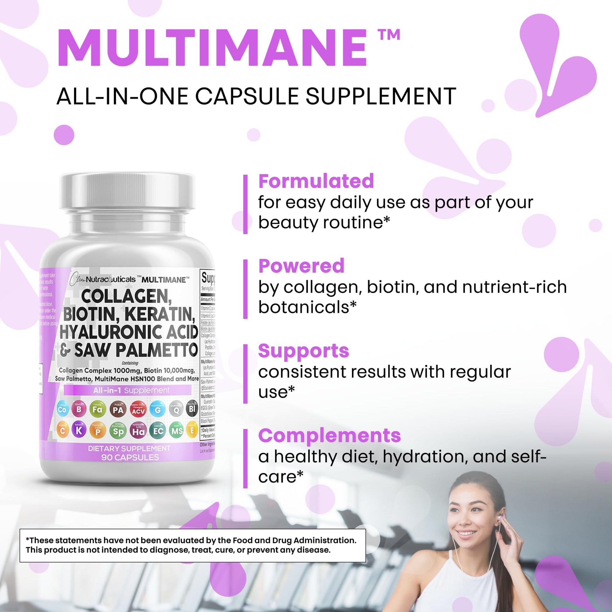 Clean Nutraceuticals Collagen Pills 1000mg Biotin 10000mcg Keratin Saw Palmetto Hyaluronic Acid - Hair Skin & Nails Vitamins & DHT Blocker with Vitamin E Folic Acid Pumpkin Seed MSM - 90 Count - Medaid International