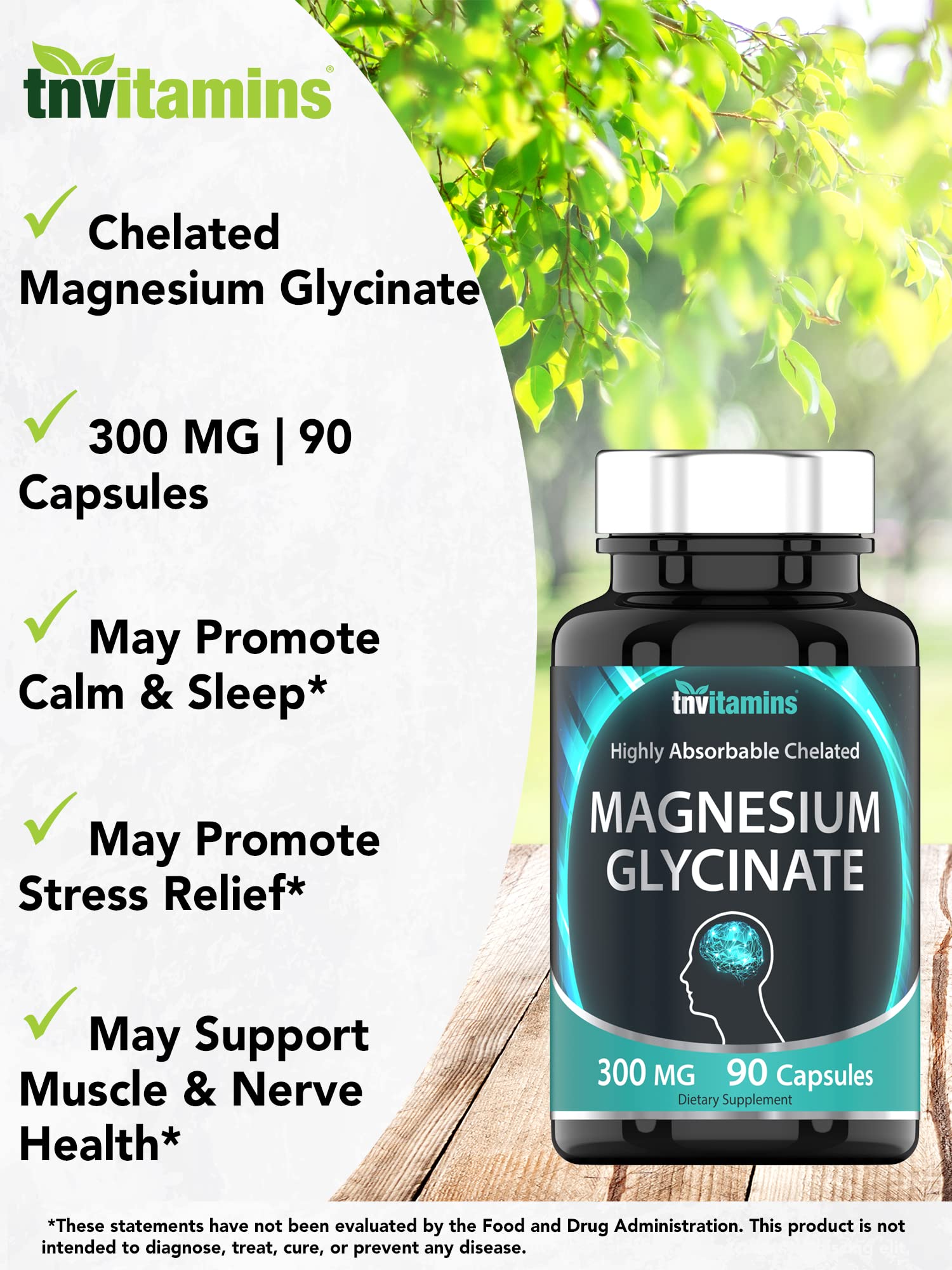 tnvitamins Magnesium Glycinate Capsules (300 MG Per Serving - 90 Count) | Pure Chelated Magnesium Bisglycinate Powder Supplement | Glicinato de Magnesio | for Sleep, Calm, Nerve, & Stress Support* - Medaid International