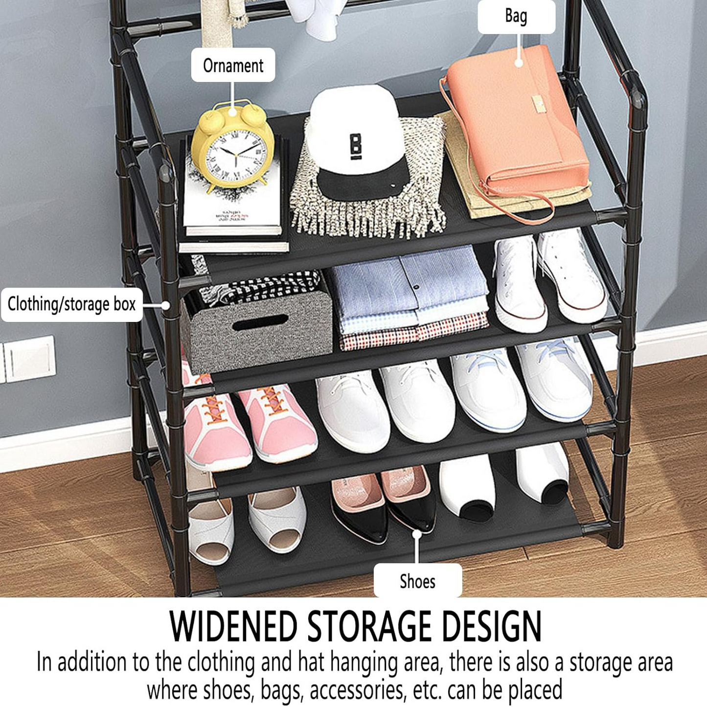 3-in-1 Coat Rack & Shoe Rack Organizer 4 Tier Storage Organizer with Hooks