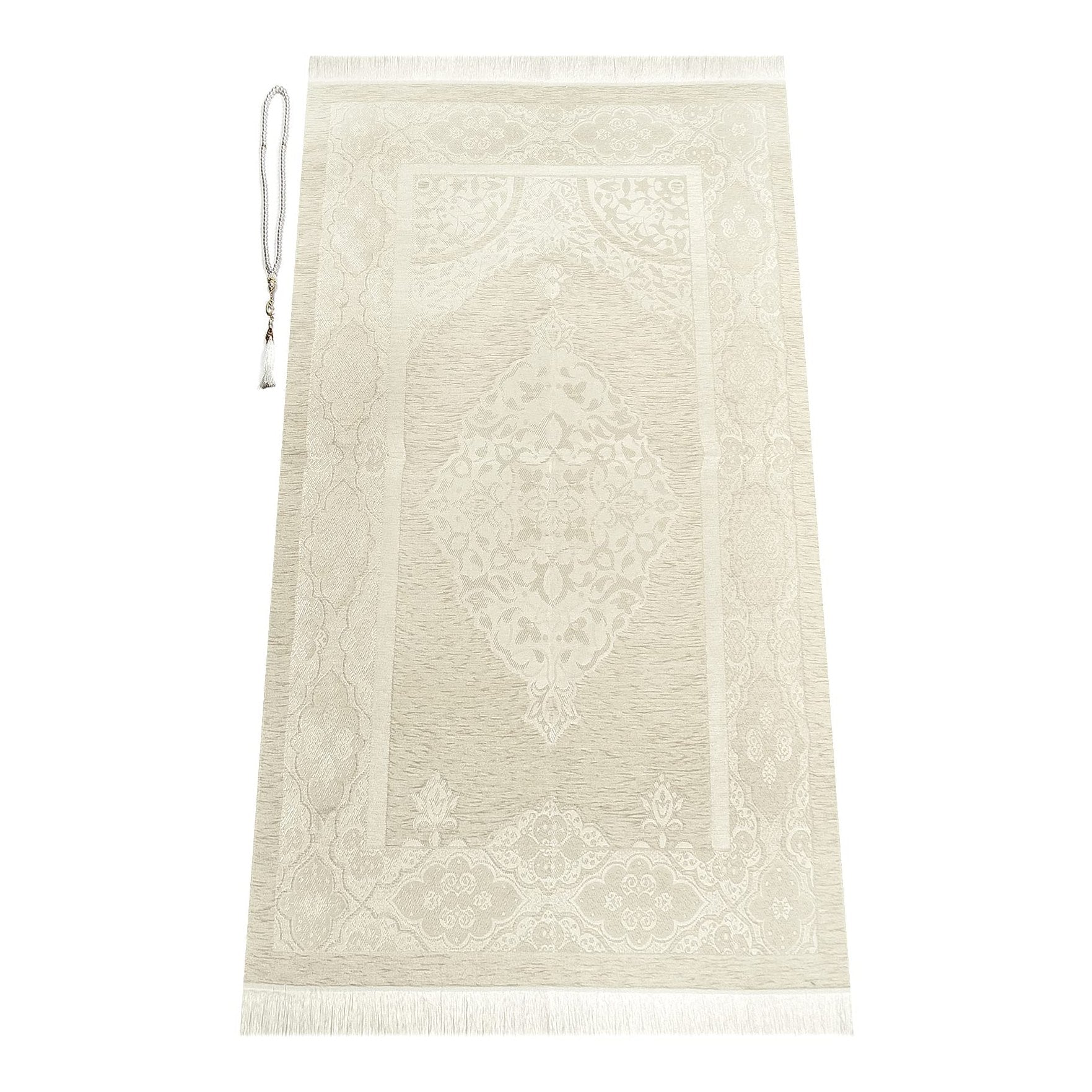 ihvan Online Muslim Prayer Rug with Prayer Beads, Janamaz, Sajadah, Soft Islamic Prayers Rug, Islamic Gift for Eid Ramadan, Prayers Carpet Mat, Chenille Fabric, Cream - Medaid International