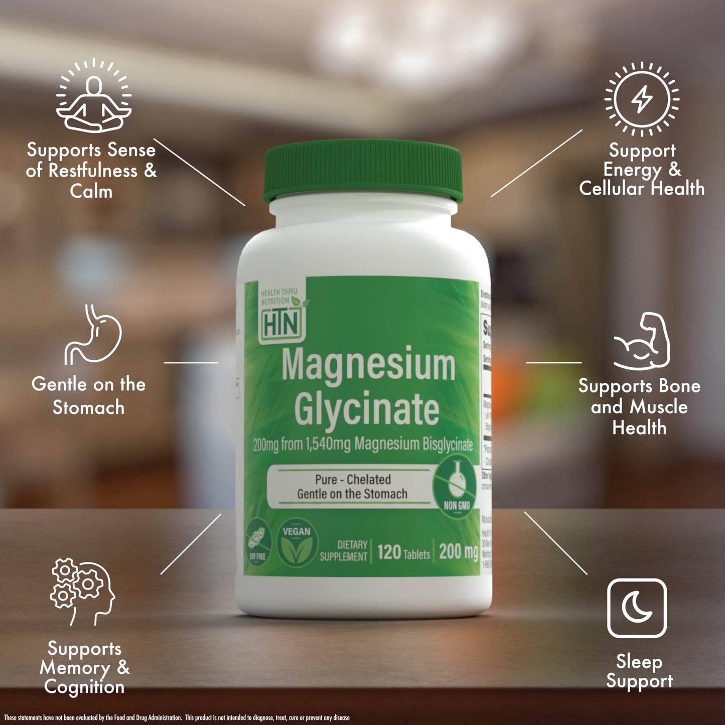 Magnesium Glycinate 200mg 120 Tablets | Fully Reacted Pure Magnesium Bisglycinate 1,540mg | High Absorption, Gentle on Stomach, Supports Relaxation & Nerve Function | Non-GMO by Health Thru Nutrition - Medaid International
