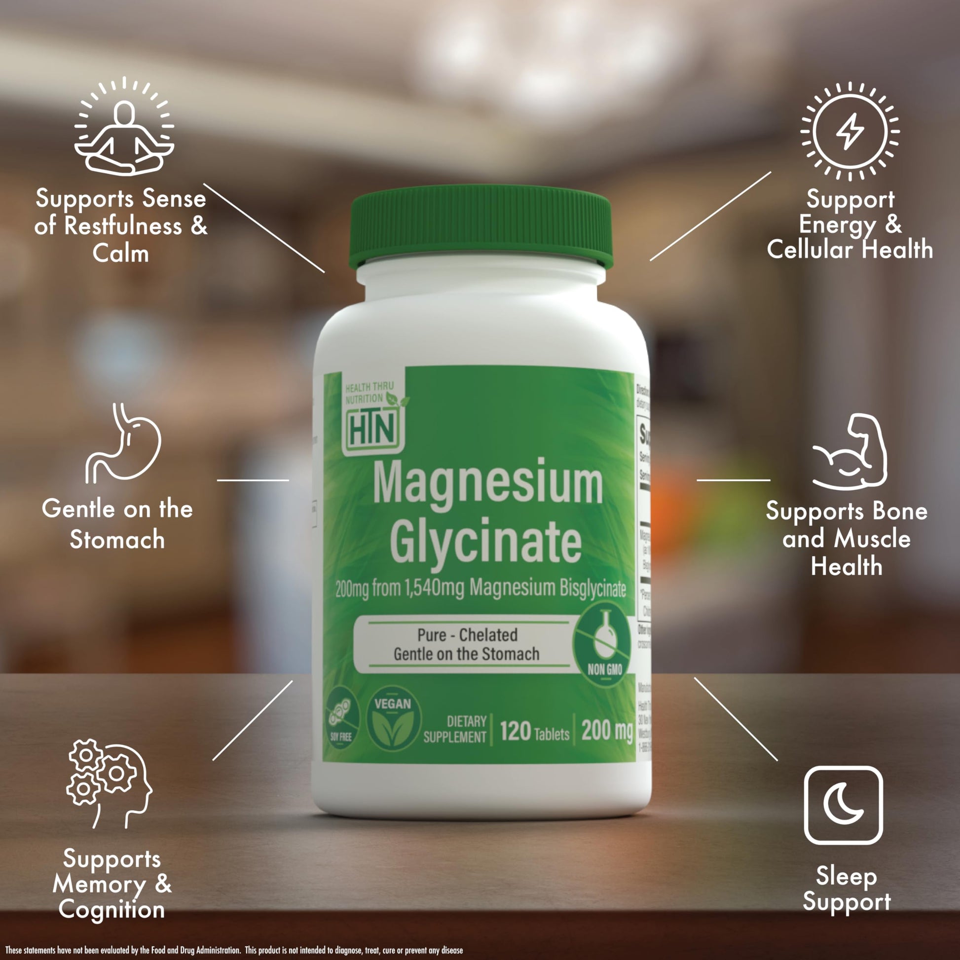 Magnesium Glycinate 200mg 120 Tablets | Fully Reacted Pure Magnesium Bisglycinate 1,540mg | High Absorption, Gentle on Stomach, Supports Relaxation & Nerve Function | Non-GMO by Health Thru Nutrition - Medaid International
