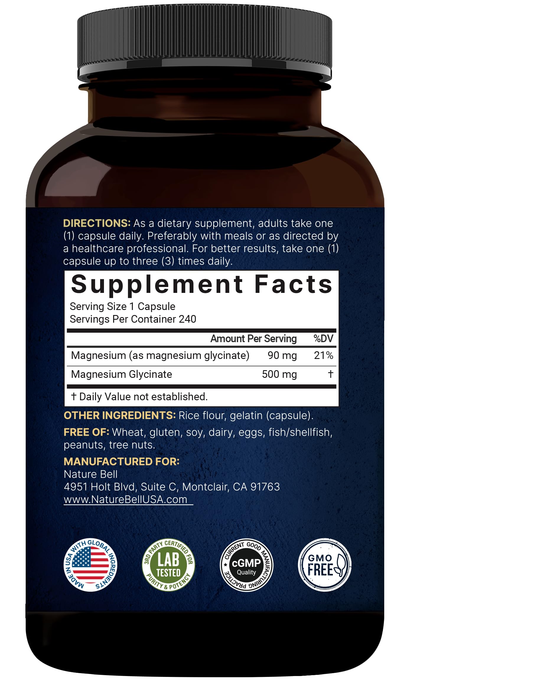 NatureBell Magnesium Glycinate Capsules 500mg | 240 Count, 100% Chelated & Purified, 3rd Party Tested, Non-GMO & Gluten Free - Medaid International