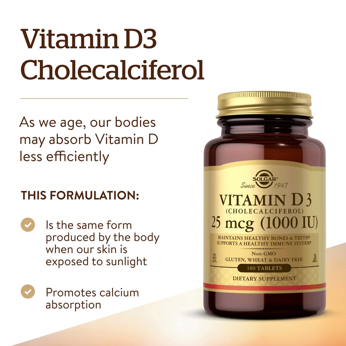 Solgar Vitamin D3 (Cholecalciferol) 25 mcg (1000 IU) – 180 Tablets - Helps Maintain Healthy Bones & Teeth - Immune System Support - Non-GMO, Gluten Free, Dairy Free, Kosher - 180 Servings - Medaid International