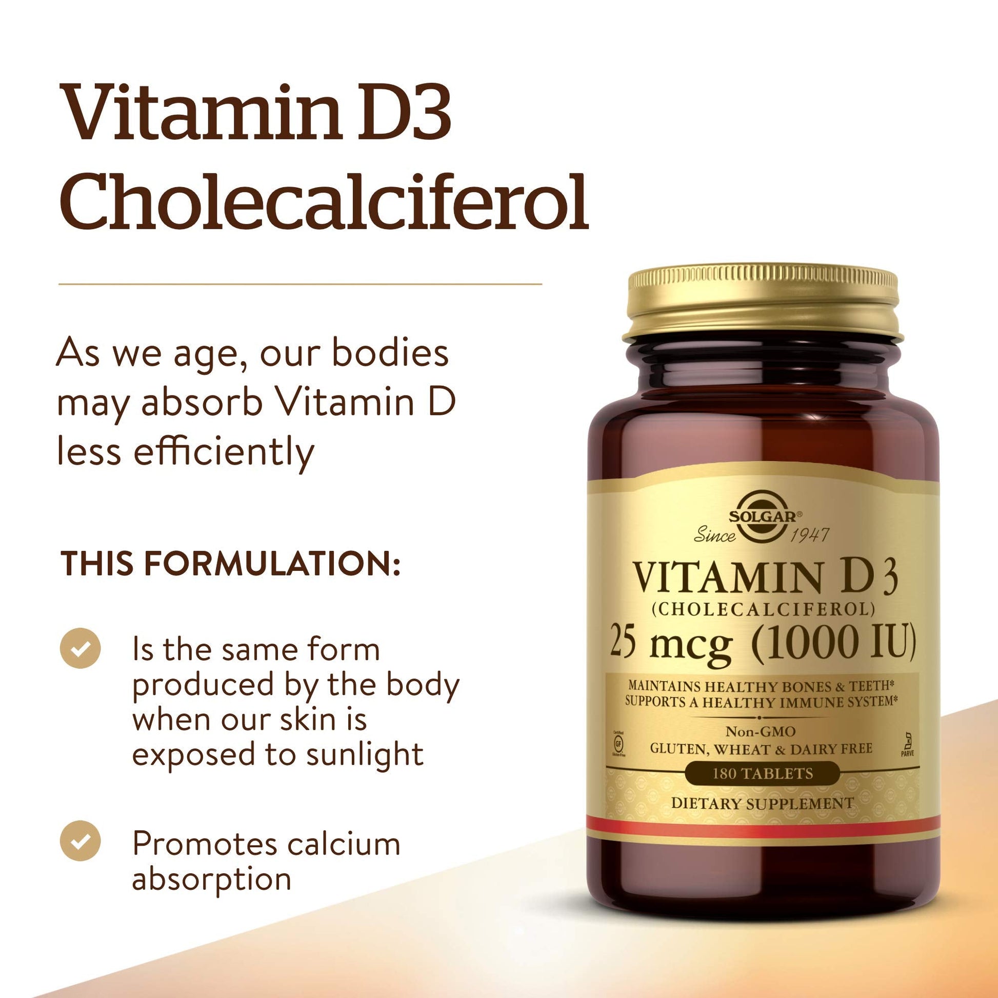 Solgar Vitamin D3 (Cholecalciferol) 25 mcg (1000 IU) – 180 Tablets - Helps Maintain Healthy Bones & Teeth - Immune System Support - Non-GMO, Gluten Free, Dairy Free, Kosher - 180 Servings - Medaid International