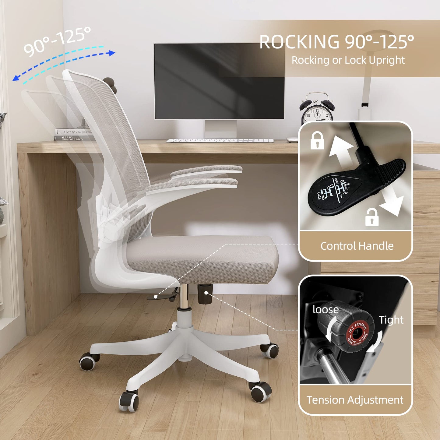 Monhey Office Chair Ergonomic Desk Chair with Lumbar Support&Headrest&Flip-up Arms Height Adjustable Rocking Swivel High Back Computer Chair Warm Taupe Mesh Study Chair (01Khaki) - Medaid International