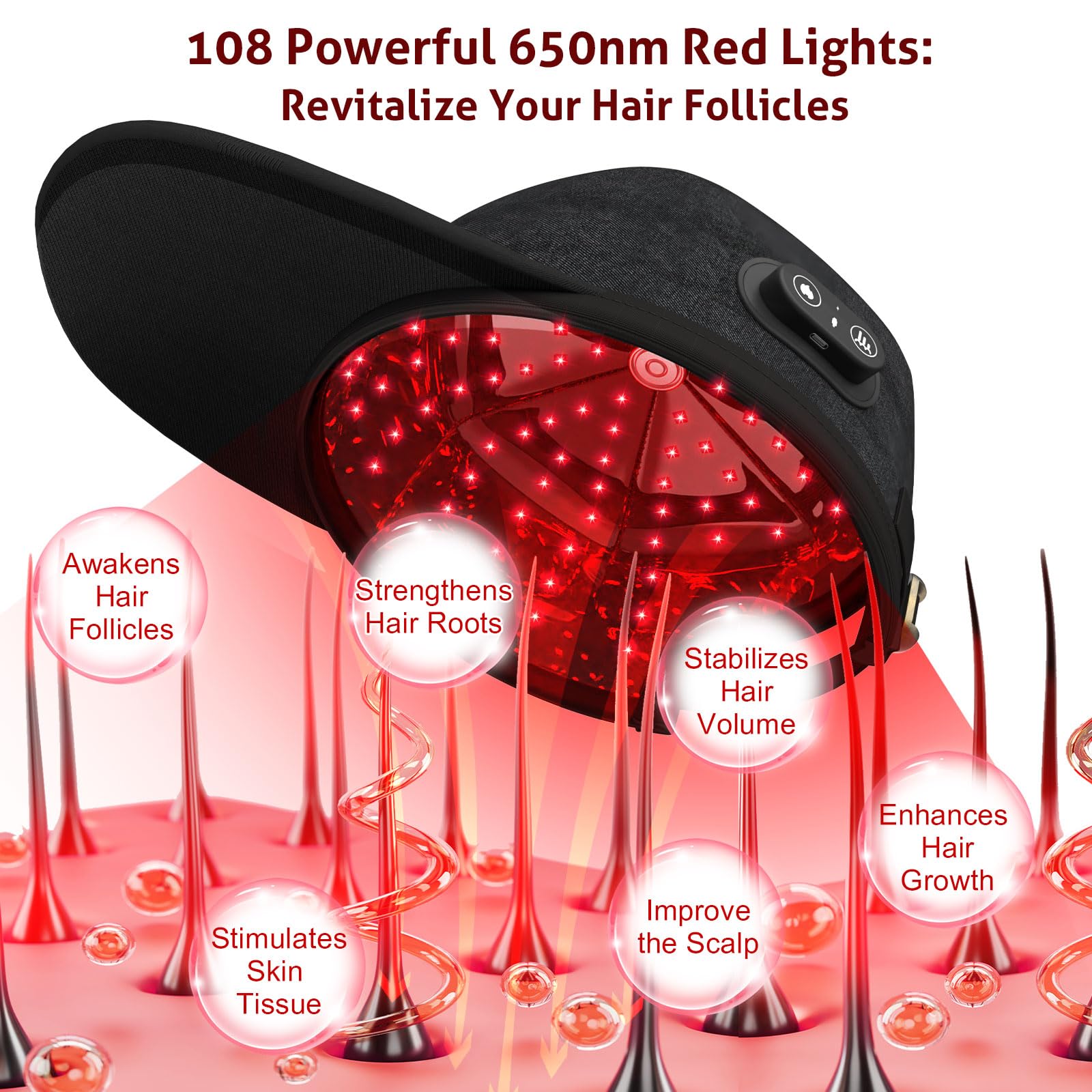 Laser Cap for Hair Growth, Wireless Red Light Therapy for Hair Growth, Strengthen Hair Roots, Hair Loss Treatment for Men and Women - Medaid International