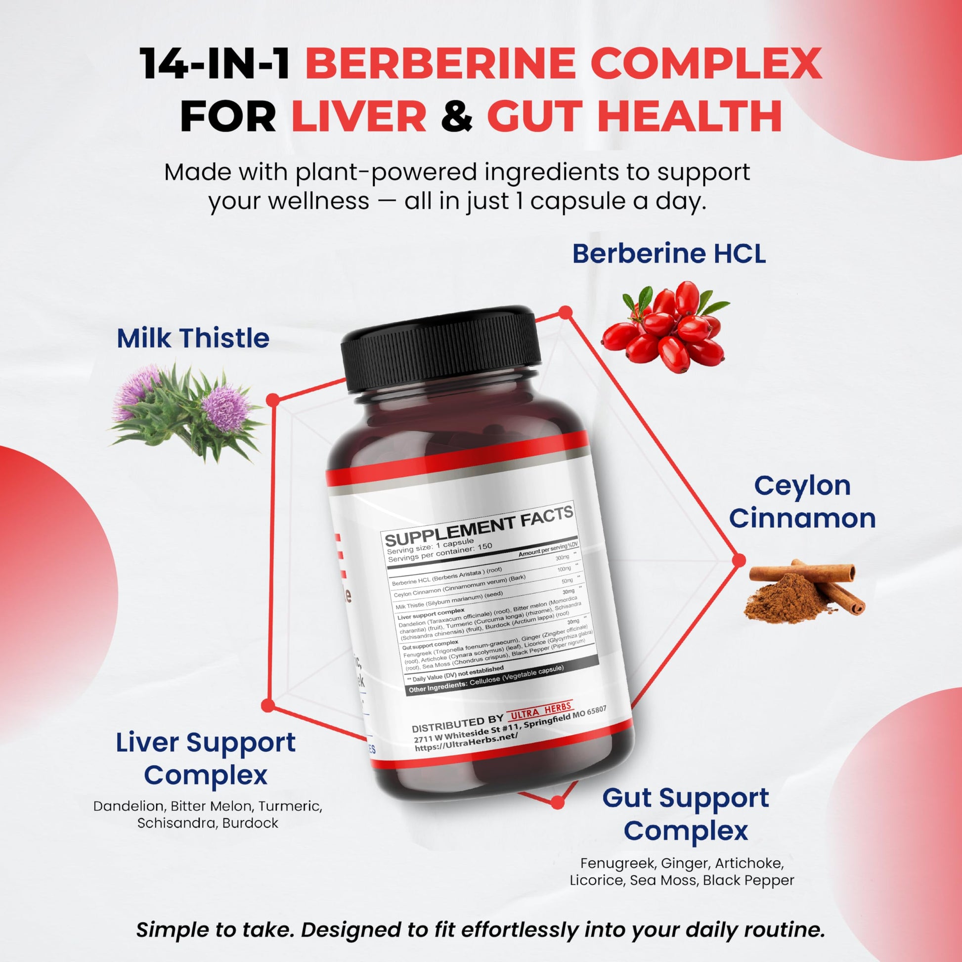 Ultra Herbs Premium Berberine with Cinnamon, Milk Thistle *USA Made & Test* Promotes Liver Function, Gut Health, Immunity (150 Count (Pack of 1)) - Medaid International
