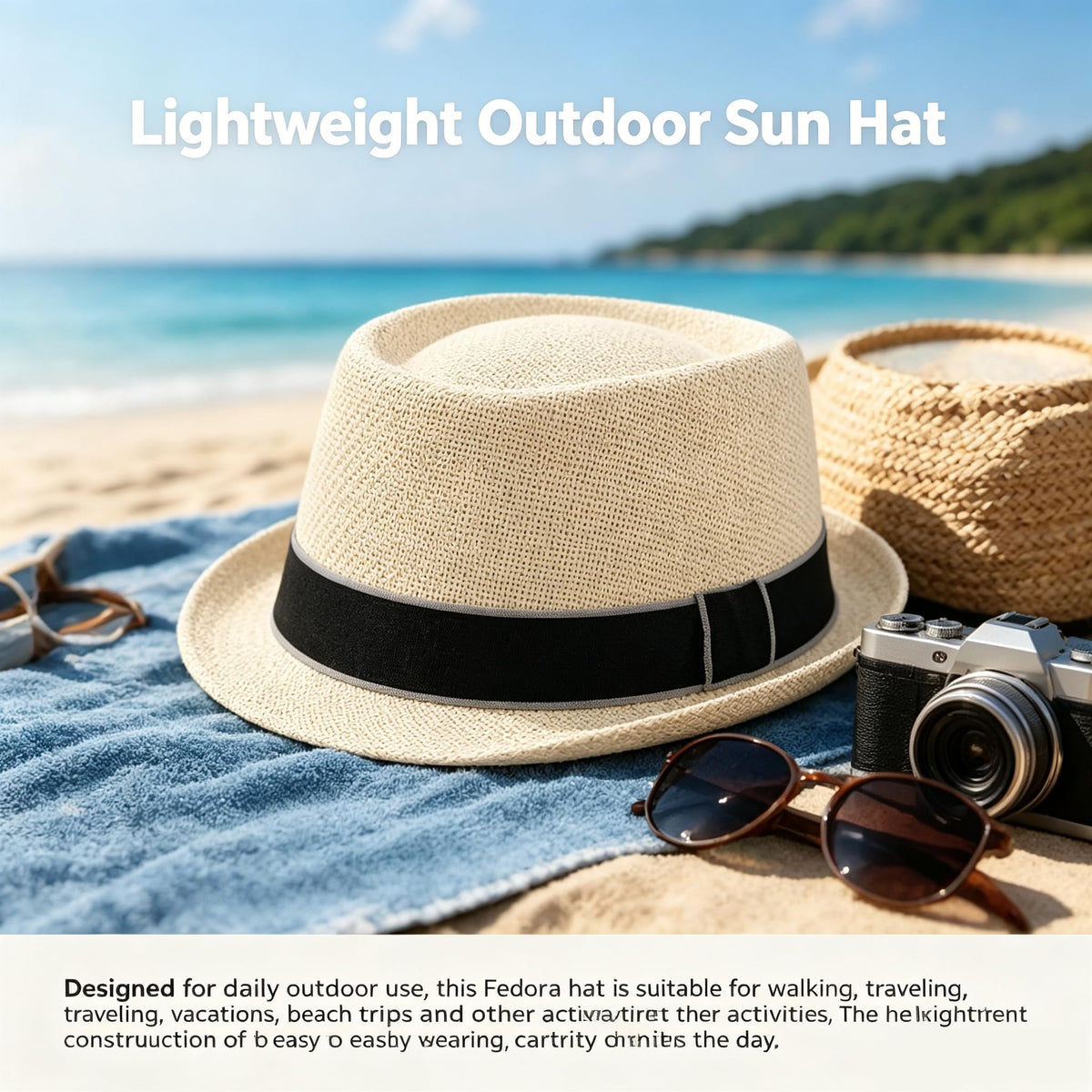 TERRIFI Sun Straw Fedora Hat, Breathable Wide Brim Roll Up Curly Straw Hat Casual Jazz Cap, Lightweight Comfort, Summer Outdoor Travel Beach Hat for Seasonal Wear Everyday Men Women