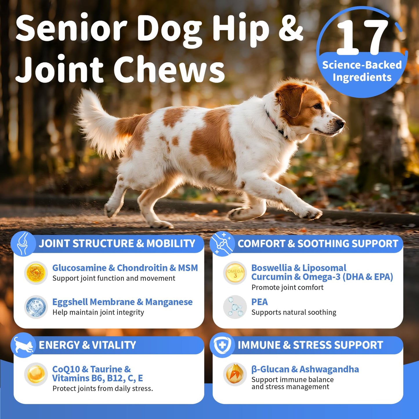 POPPAW Senior Advanced Joint Supplement for Dogs – 17-in-1 Glucosamine for Dogs with Chondroitin – Hip & Joint Pain Relief Pills – Mobility Support Chews – Large & Small Breeds - Chicken Flavor – 90Ct