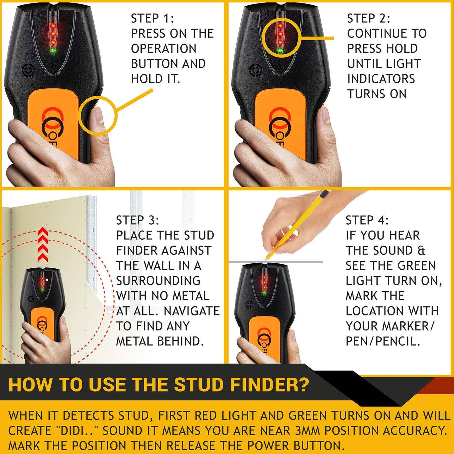 Ofircreation Stud Finder & Multifunction Device (Laser Level line, Leveler, Metric Ruler) - Stud Finder Wall Scanner With Laser Level Can Be Used as Pictures Hanging Tool and Ruler - Medaid International