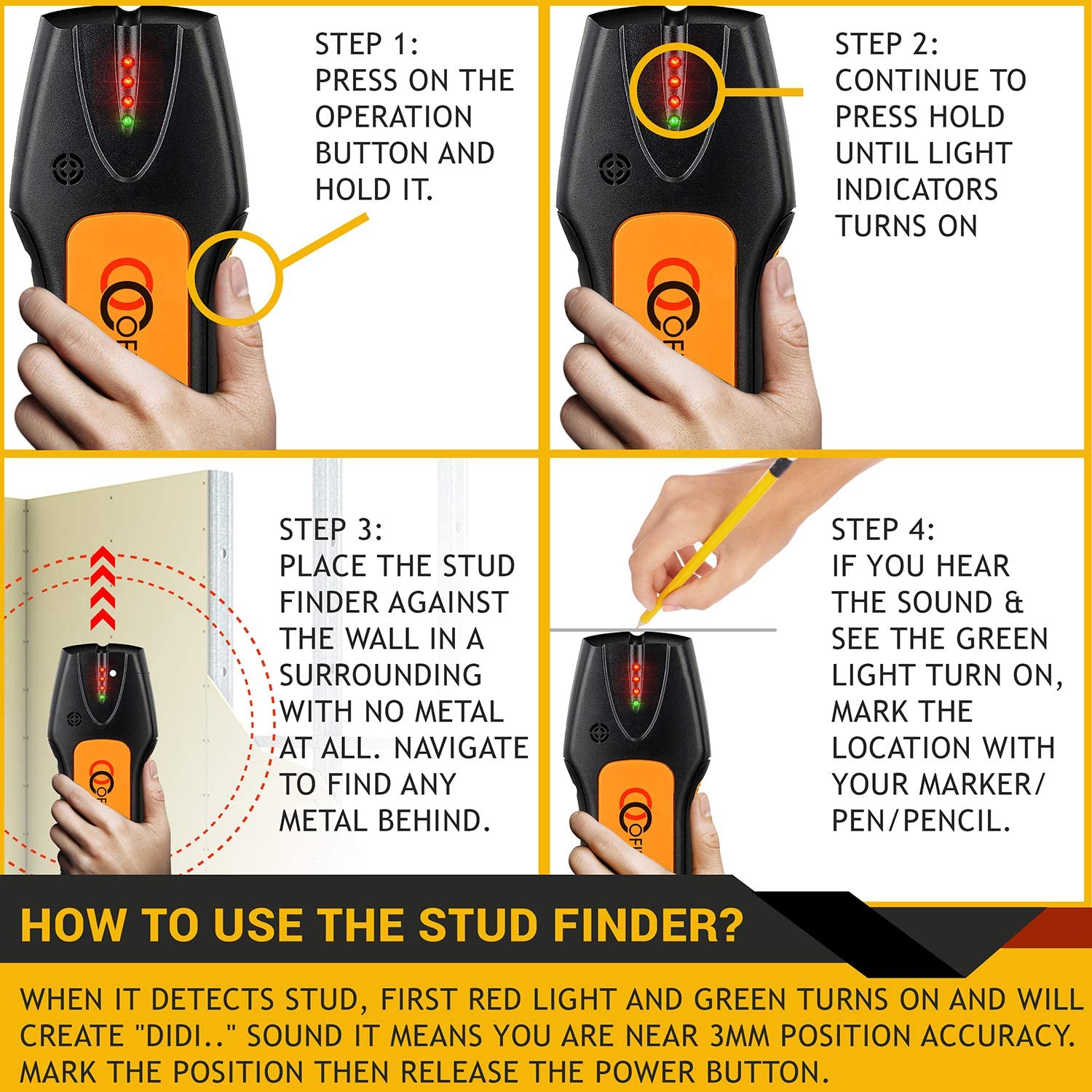 Ofircreation Stud Finder & Multifunction Device (Laser Level line, Leveler, Metric Ruler) - Stud Finder Wall Scanner With Laser Level Can Be Used as Pictures Hanging Tool and Ruler - Medaid International