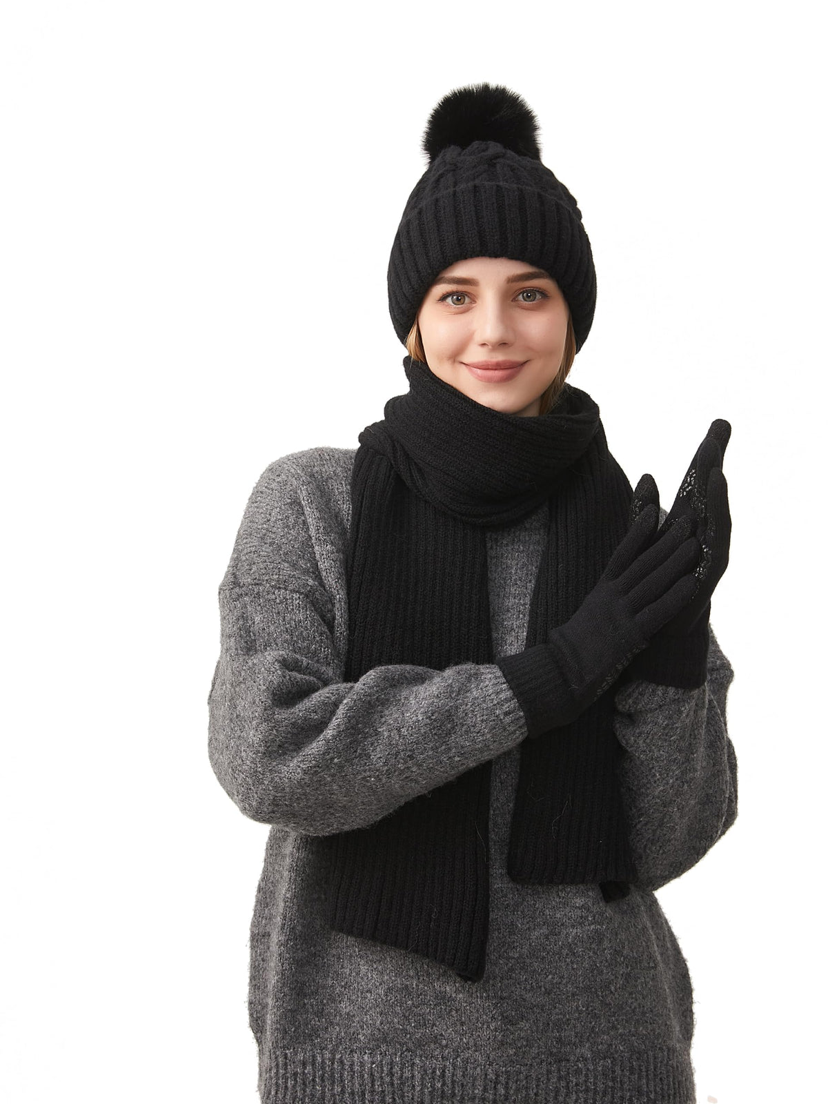 KASTWAVE Winter Beanie Hat Scarf Touchscreen Gloves Set, Knit Thick Fleece Lined Warm Touchscreen Gloves Beanie Scarf Set for Men and Women, Women Winter Hats 3-Piece Warmer Gift Box