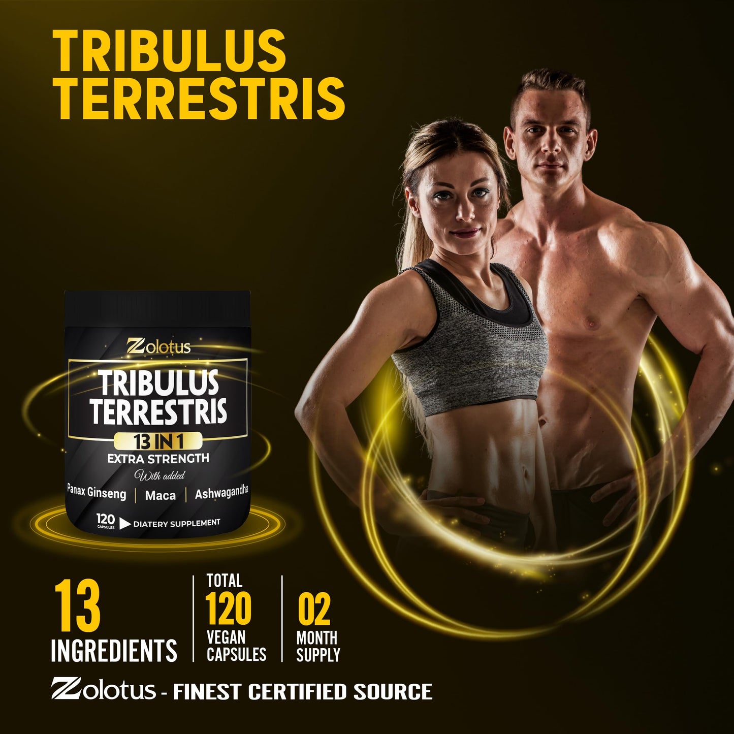 Zolotus 13in1 Tribulus Terrestris Capsules with Maca, Horny Goat Weed, Panax Ginseng, Saw Palmetto, Tongkat Ali, Shilajit & More - Energy, Stamina Supplement for Men & Women - 120 Counts - Medaid International