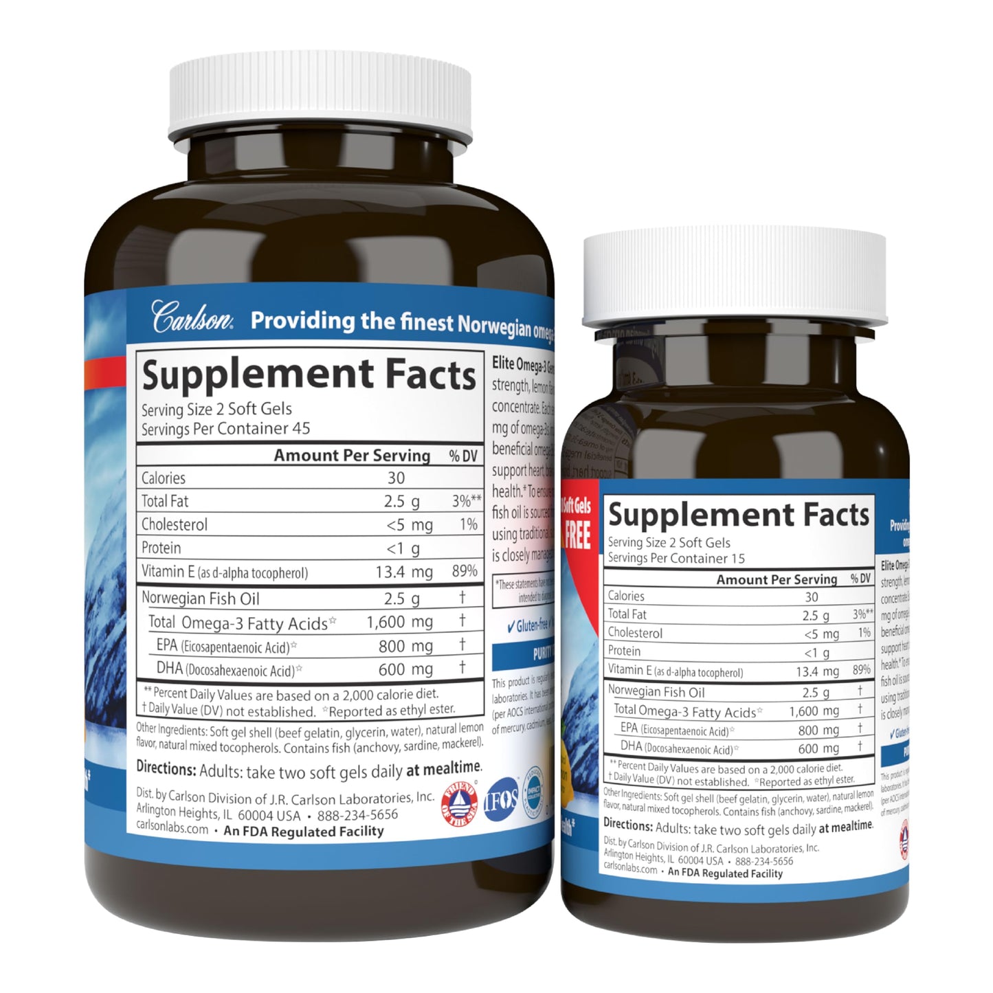Carlson Elite Omega-3 Gems 1600 mg Omega 3 Fatty Acids Including EPA & DHA - Norwegian, Wild-Caught Sustainably Sourced Fish Oil Supplement, Omega 3 Fish Oil Capsules Lemon - 90+30 Softgels - Medaid International