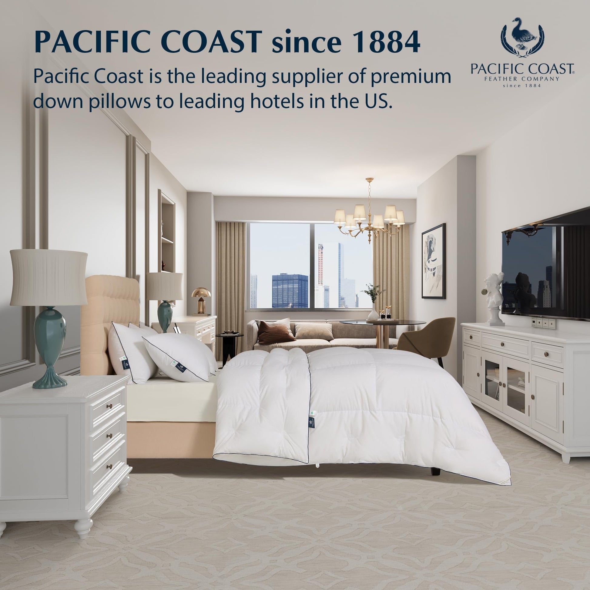 Pacific Coast Bed Pillow, Hotel Collection Goose Feather and Down Pillow for Sleeping, 3-Chamber Design, Medium Supportive, Standard Size - Medaid International