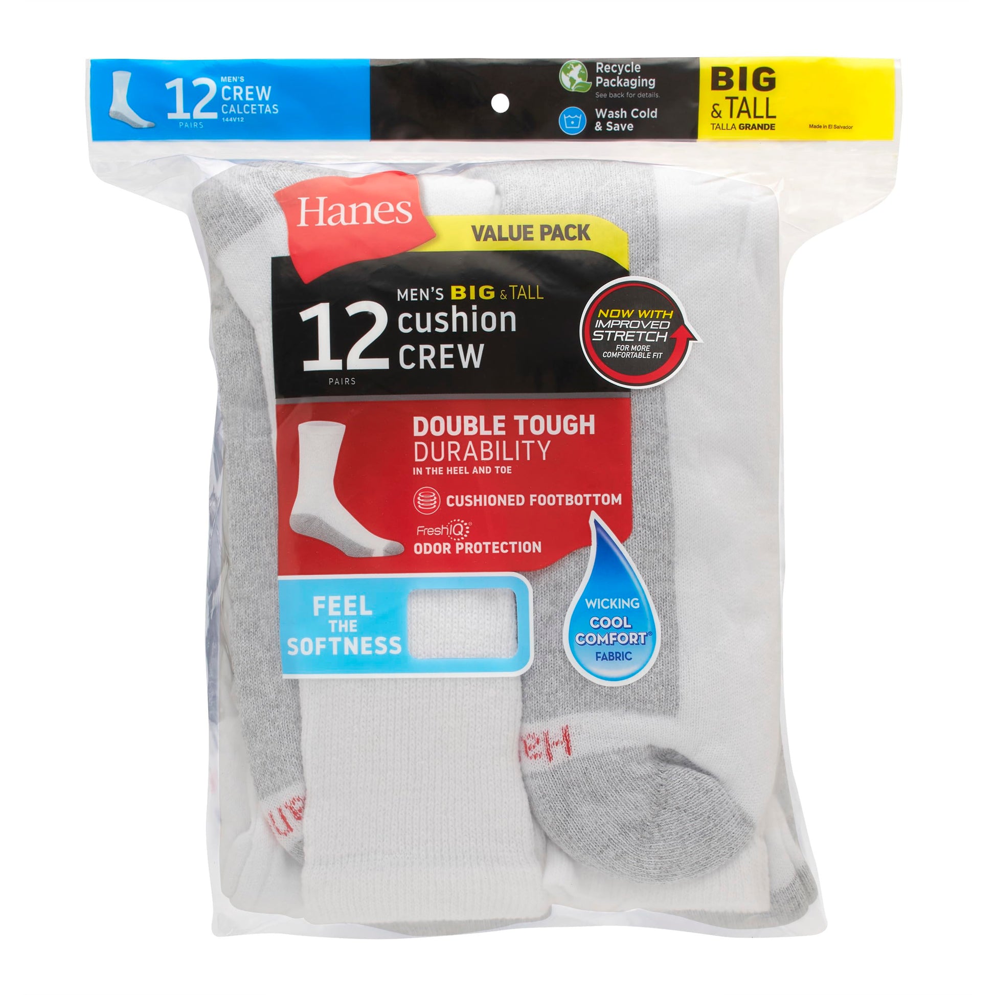 Hanes mens Double Tough Crew Socks, 12-Pair Pack fashion liner socks, White/ Grey Foot Bottom, 12-14 US - Medaid International