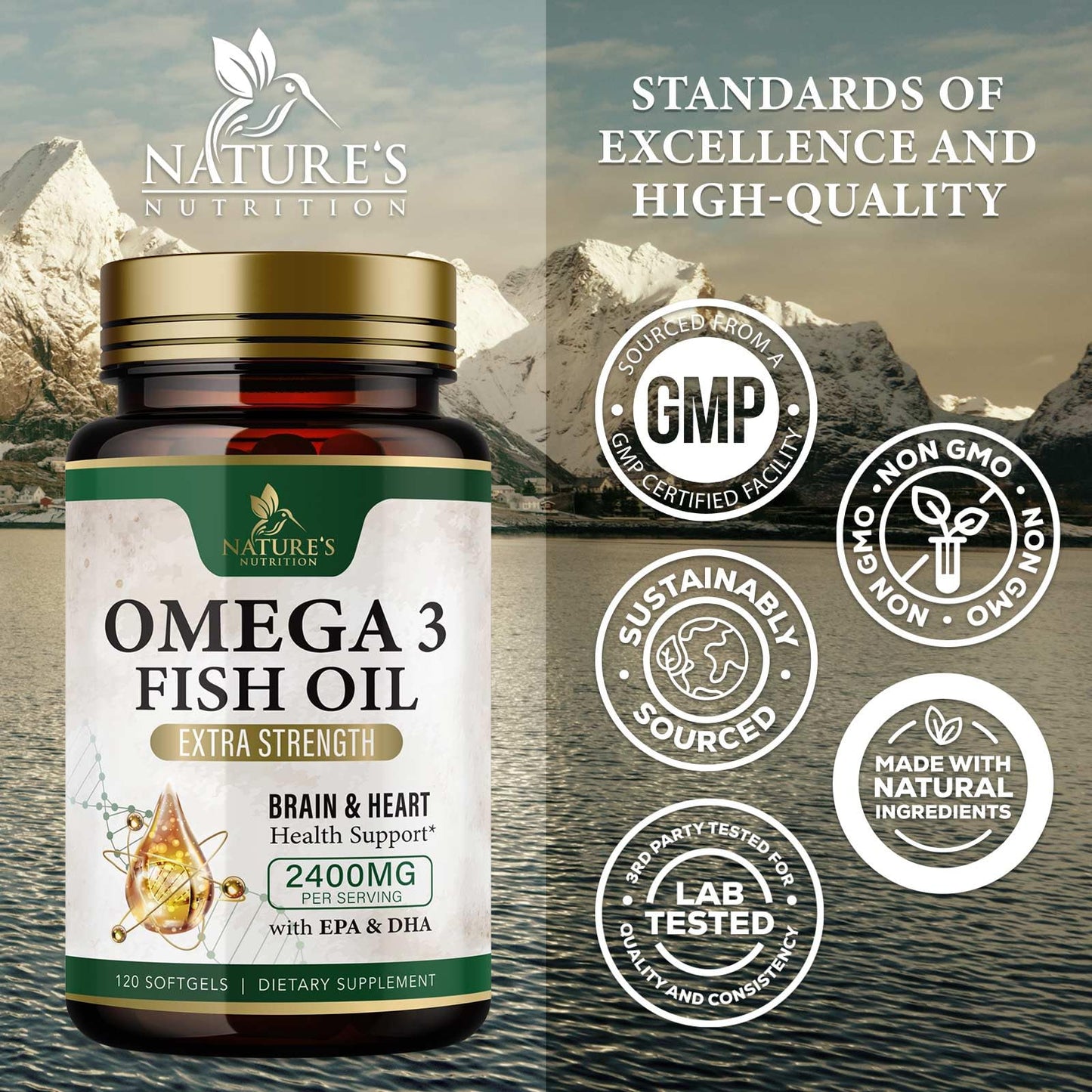 Omega 3 Fish Oil Supplements 2400 mg - Triple Strength Omega3 - EPA & DHA with Essential Fatty Acids - Natural Immune, Brain & Heart Health Support - Burpless, Lemon Flavor, Wild Caught - 120 Softgels - Medaid International