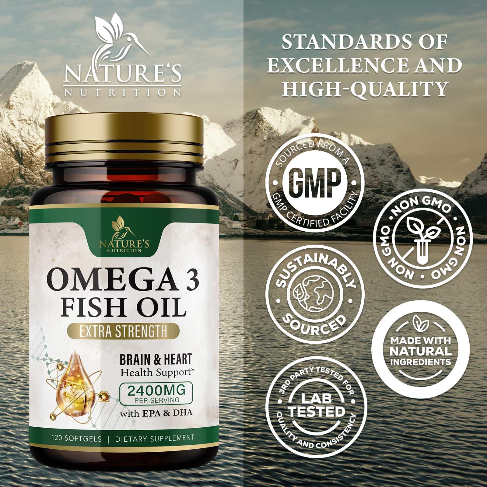 Omega 3 Fish Oil Supplements 2400 mg - Triple Strength Omega3 - EPA & DHA with Essential Fatty Acids - Natural Immune, Brain & Heart Health Support - Burpless, Lemon Flavor, Wild Caught - 120 Softgels - Medaid International