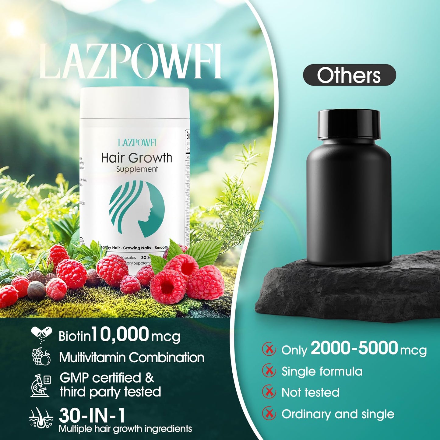 Lazpowfi Hair Growth Products, Biotin 10000mcg, 30-in-1 with Vitamin A, B3, C, D, E, Calcium, Hair Growth Supplement, Supports Hair & Nails Natural Growth Vitamins, for Women & Men - 30 Servings - Medaid International